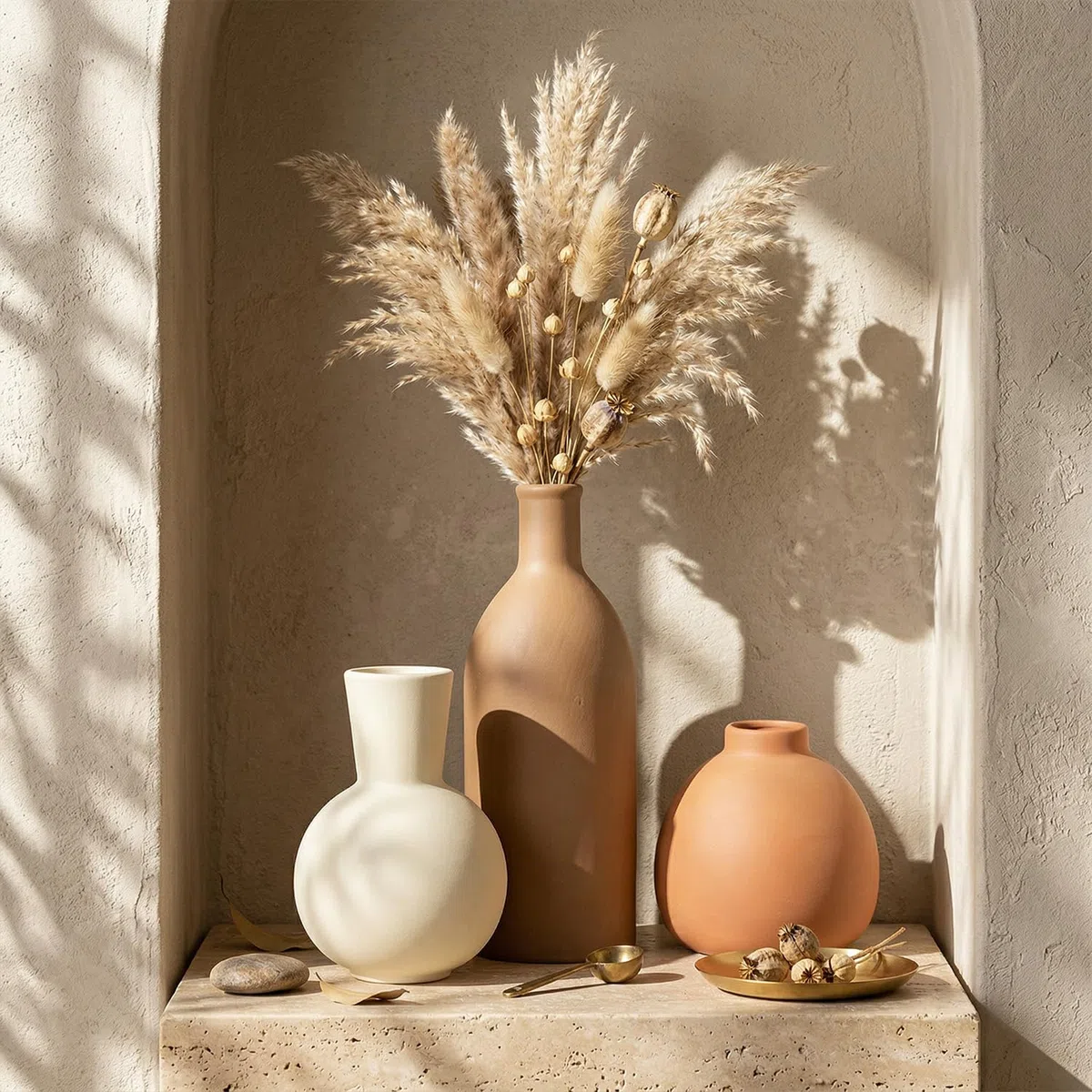 Juego de Jarrones de Cerámica 3 Piezas | Jarrón Decorativo Iconico para Pampas y Flores Secas | Decoración de Mesa Moderna en Beige y Marrón | Jarrón Alto Escandinavo Boho Neutral para Salón