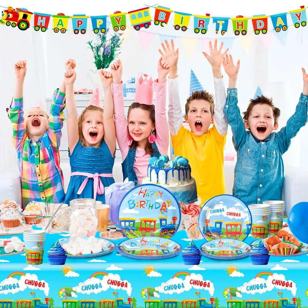 Juego de vajilla para fiesta de cumpleaños, 16 invitados, vajilla de fiesta infantil, cumpleaños, tren o cumpleaños, servilletas, vasos de fiesta, mantel de tren, pancartas, etc. Decoración de