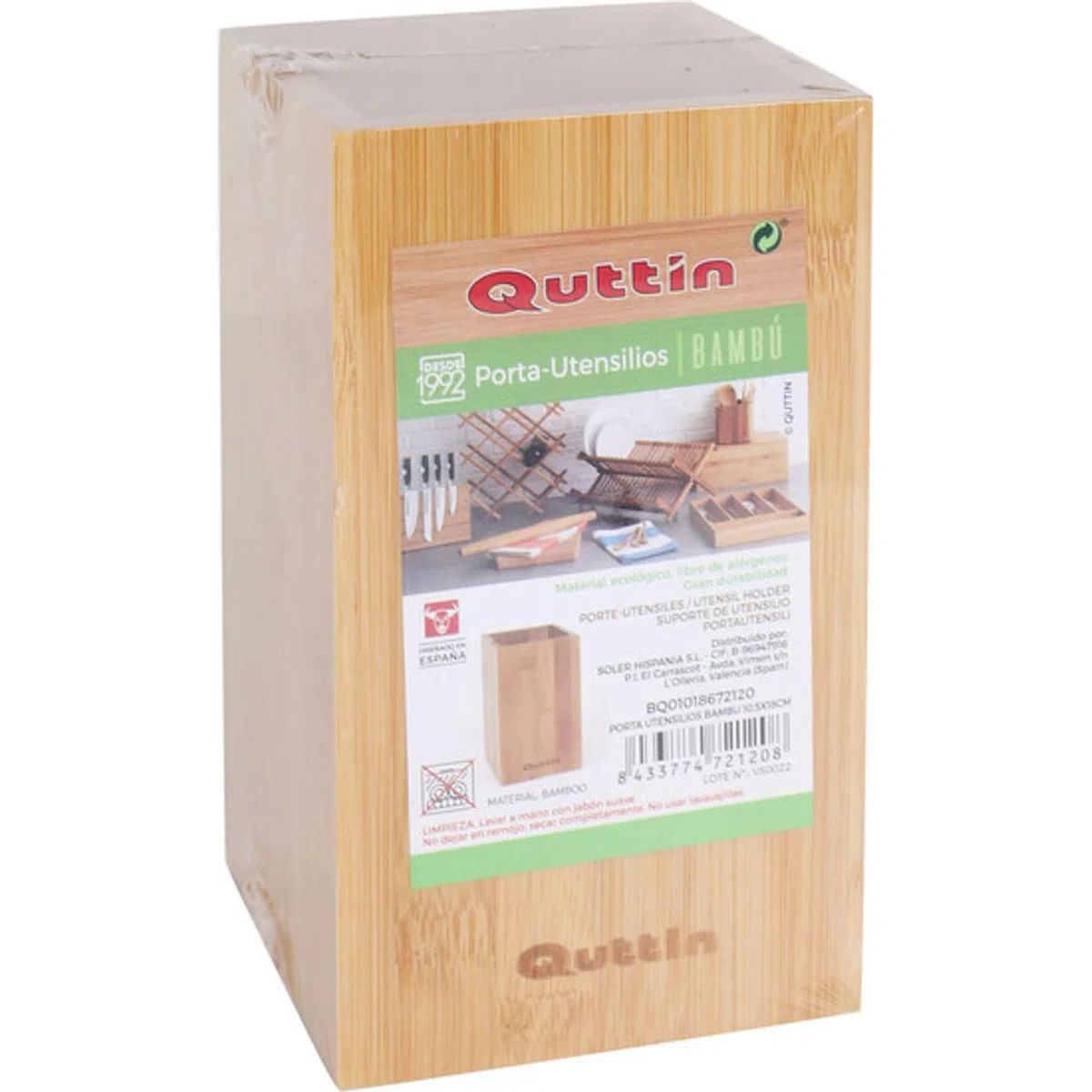 Quttin | Bote para Utensilios de Cocina en Bambú Natural Soporte Organizador de 10,5 x 10,5 x 18 cm | Bote Utensilios Cocina Elegante y Duradero Ideal para Almacenar Cucharas, Espátulas y Más