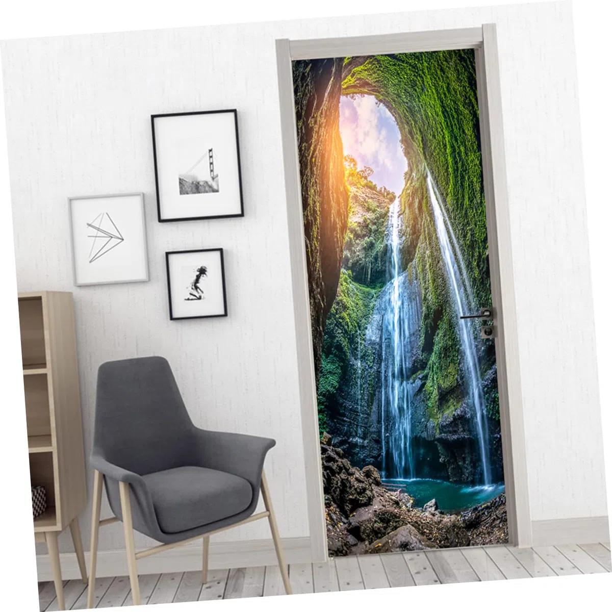 Homoyoyo 2piezas Póster De Pvc Simulación De Puerta Paisaje De Cascada De Vinilo Decorativo Para Sala y Dormitorio Fácil Aplicación y Limpieza y Resistente
