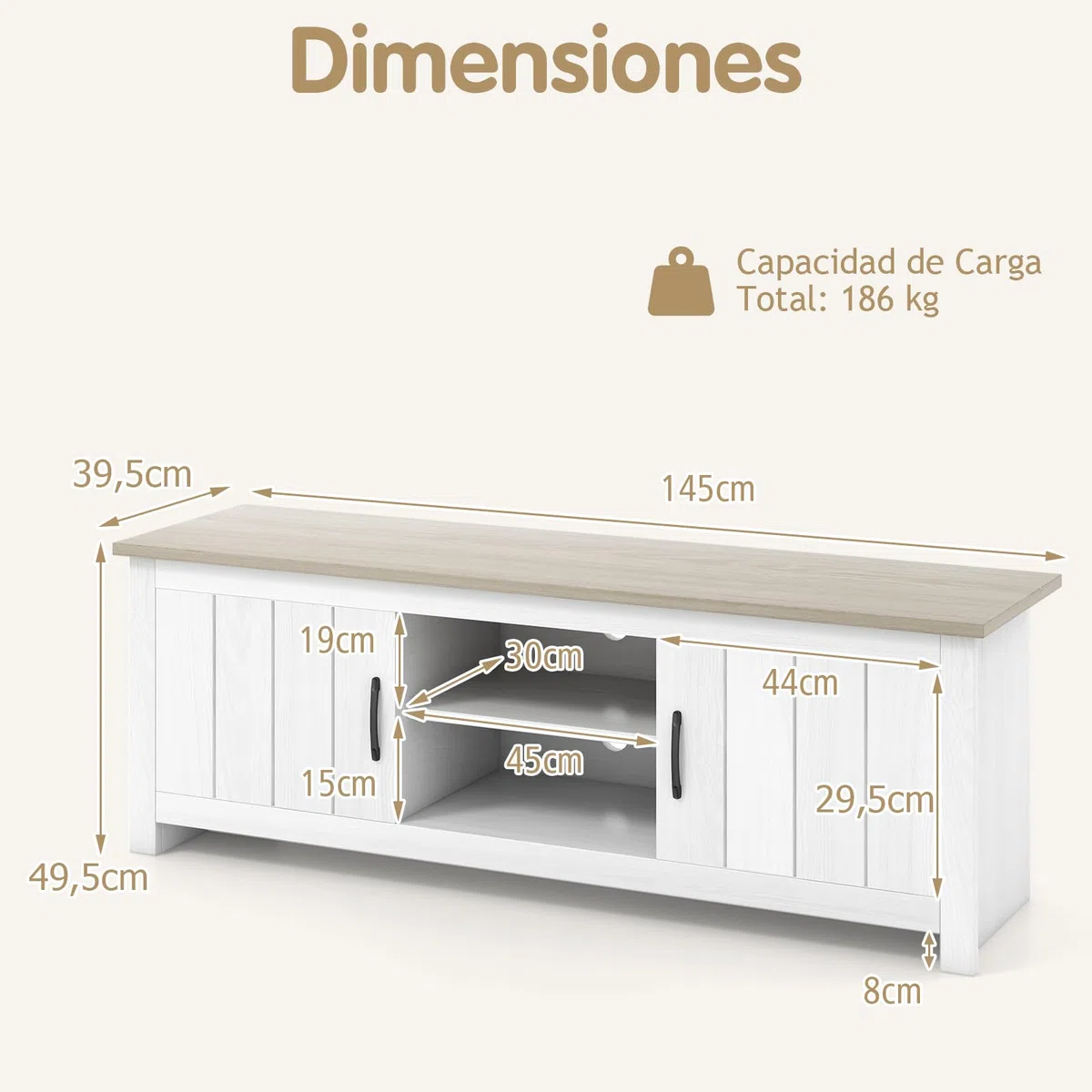 GYMAX Mueble TV de hasta 65 Pulgadas, Mesa Television de Madera con 2 Armarios y Estantes Abiertos, Mueble Bajo TV con Puertas para Salón y Dormitorio, 145 x 40 x 50 cm(Blanco+Marrón)
