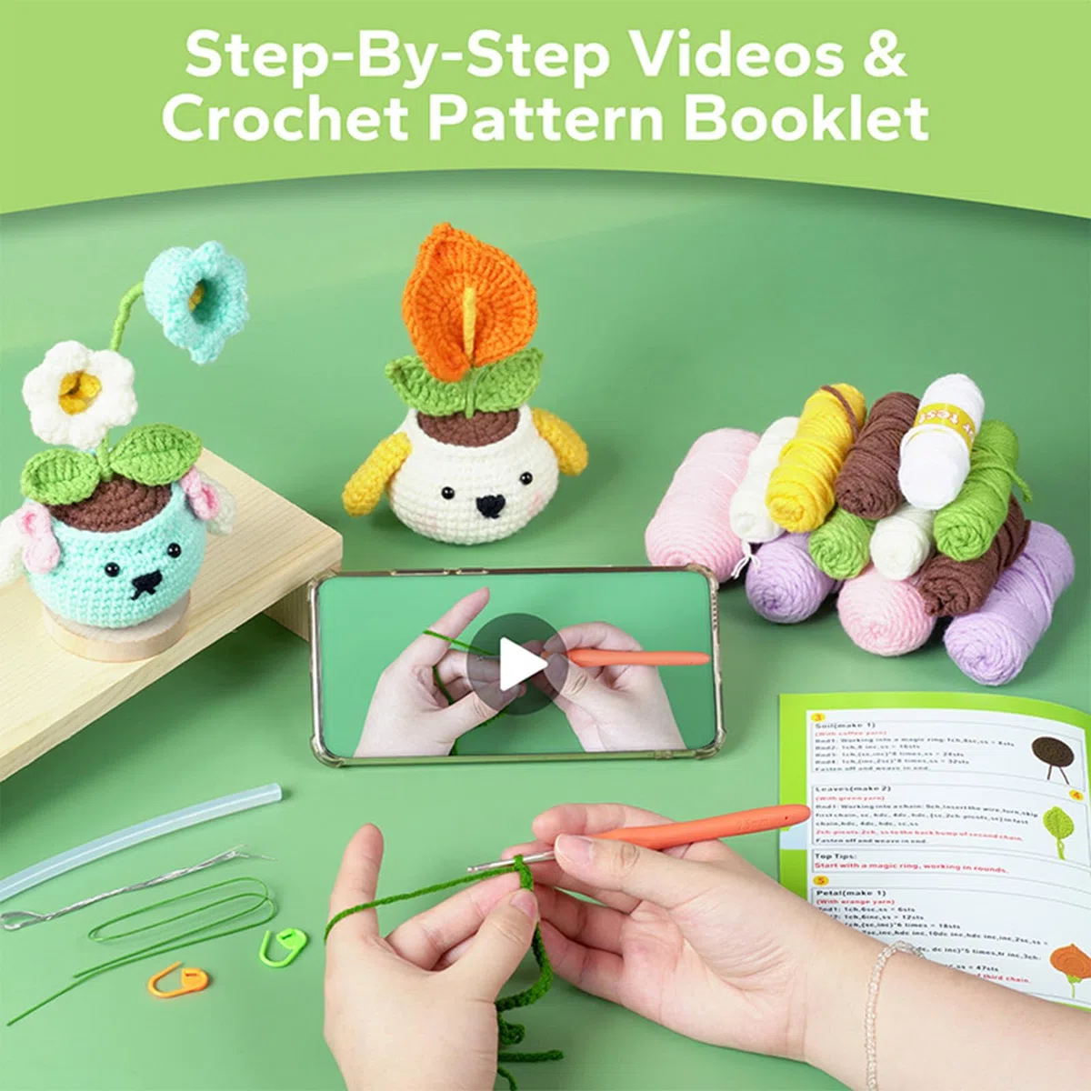 RoseFlower crochet kit principiantes, paquete de 4 plantas en maceta, kits de inicio de crochet con videotutoriales paso a paso, kit de animales de crochet para tejer a mano para adultos