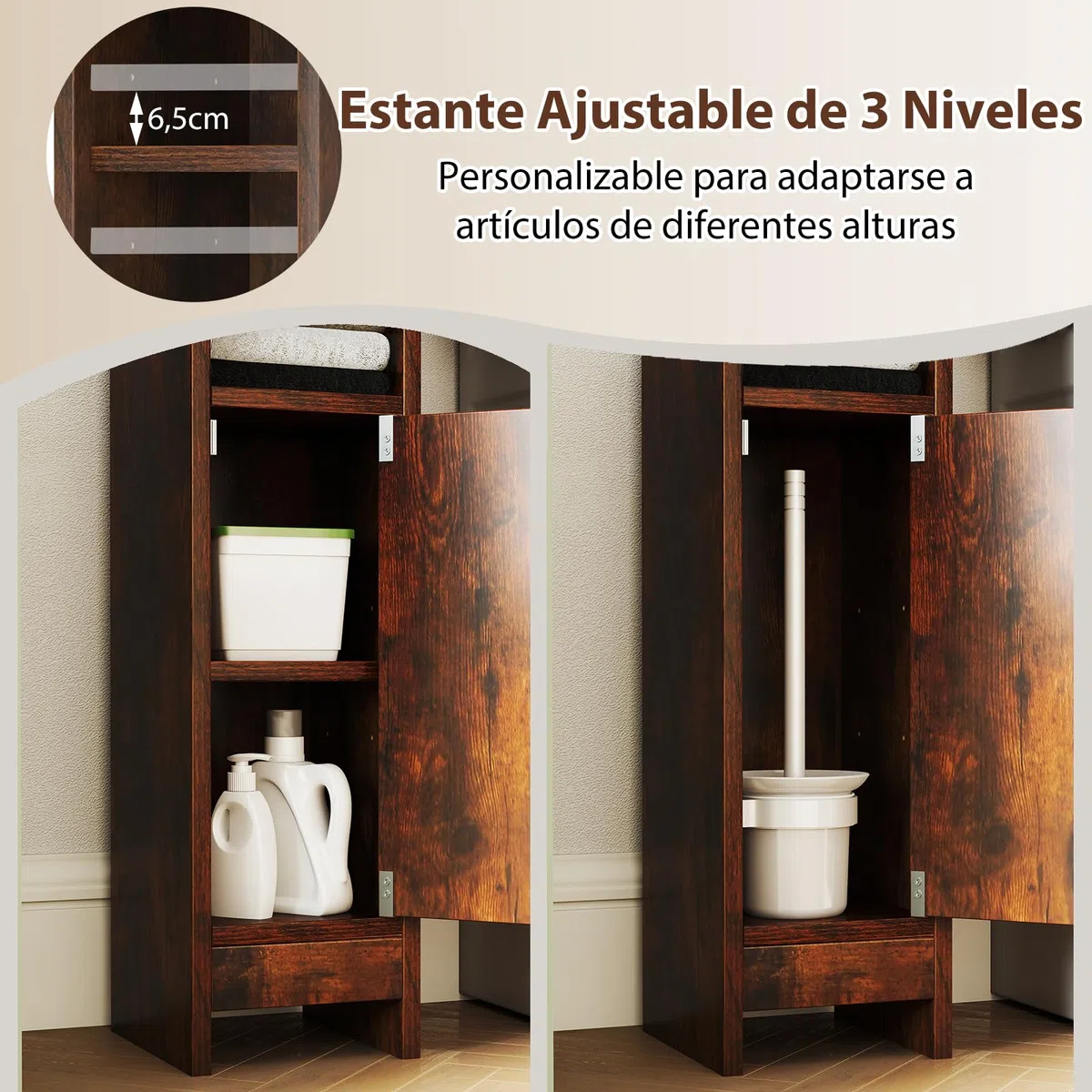GIANTEX Armario Estrecho de Baño con Puerta, 4 Estantes de Almacenamiento, Estante Interior Ajustable, 18 x 20 x 80 cm, Mueble de Suelo para Baño, Salón, Dormitorio (Marrón)