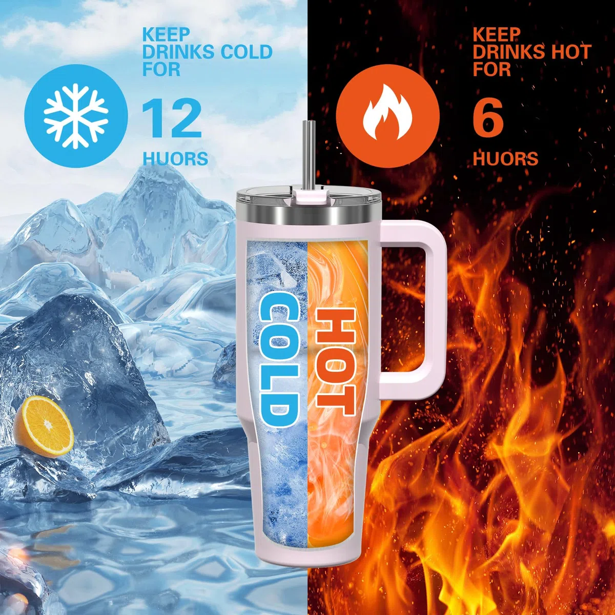 WATERSY 1182 ml Termo con Asa, Grande Vaso Termico Acero Inoxidable, 40oz Rose Quartz Taza de Café con Pajita, Termo de Agua para Frío y Caliente, Travel Mug Doble Pared, para Gimnasio, Viaje