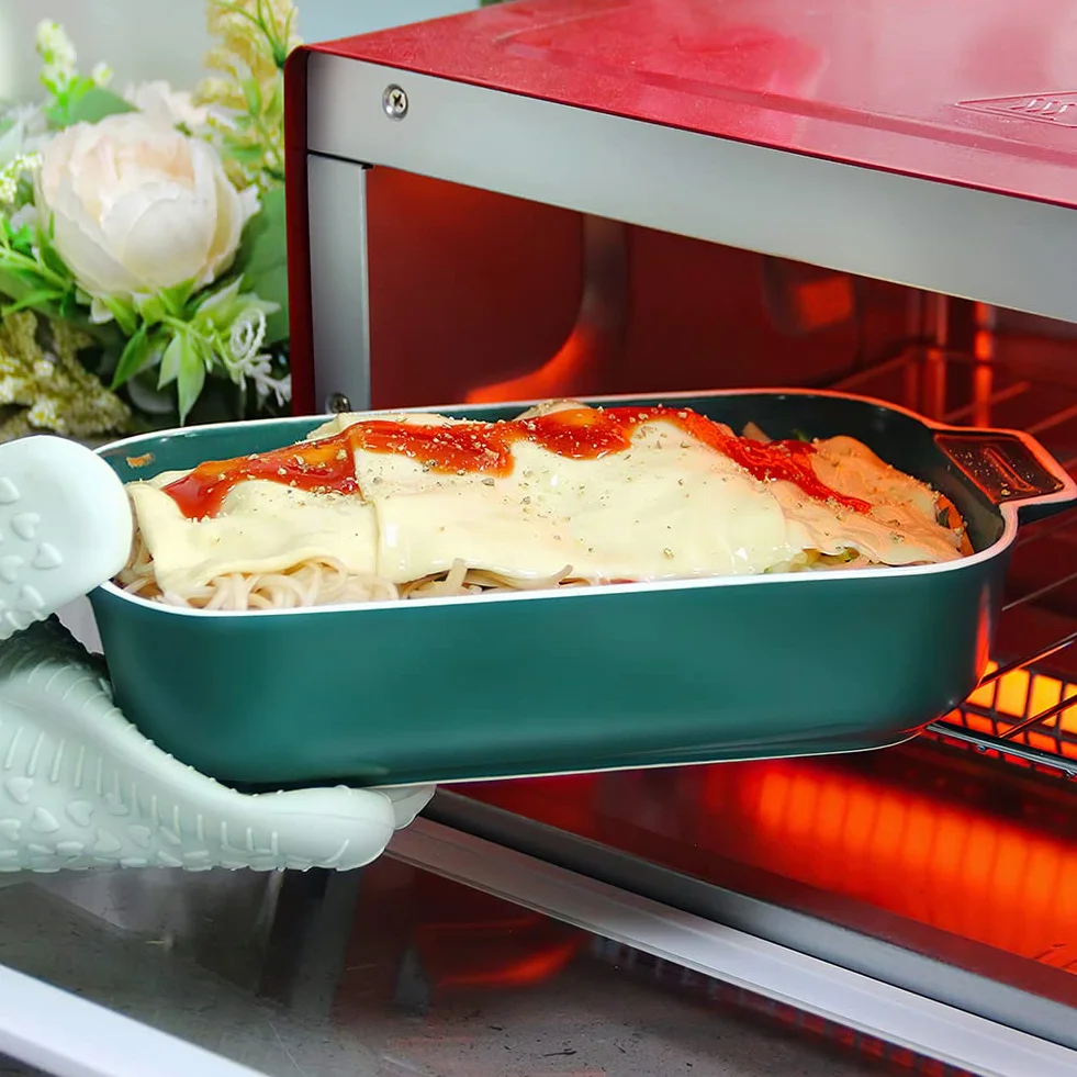 Plato para lasaña, 2 unidades de 9 x 5 pulgadas rectangulares de cerámica con asa, plato pequeño de color para hornear de horno a mesa, ideal para horno, sartén de cerámica para lasaña (verde)