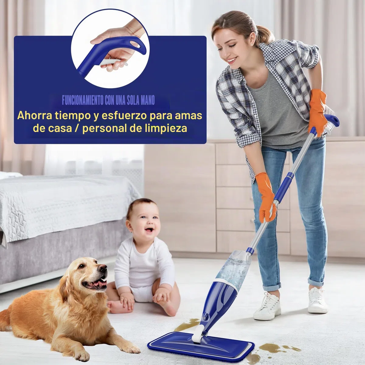 Mopa con Pulverizador Fregona Mopa- EXEGO Mopas de Limpieza Suelos con 3 Almohadilla de Microfibra Spray Mop Fregona Microfibra con 440ML Botella Recargables para Laminado, Teja, Suelo de Madera