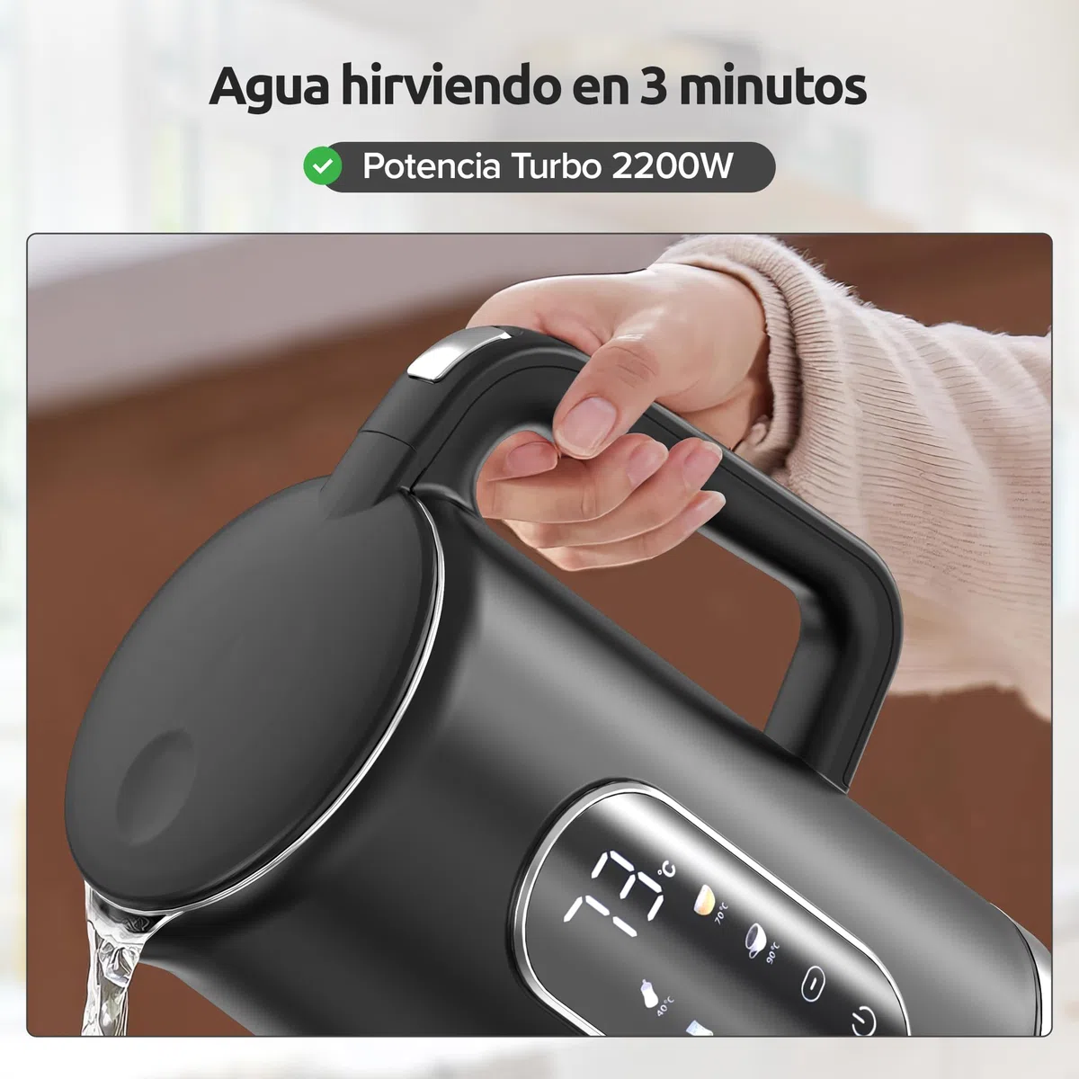 Olvy Hervidor eléctrico 1,7 L de acero inoxidable - Hervidor de agua eléctrico 2200 W con control de temperatura, función mantener caliente, calienta agua eléctrico y filtro antical (negro)