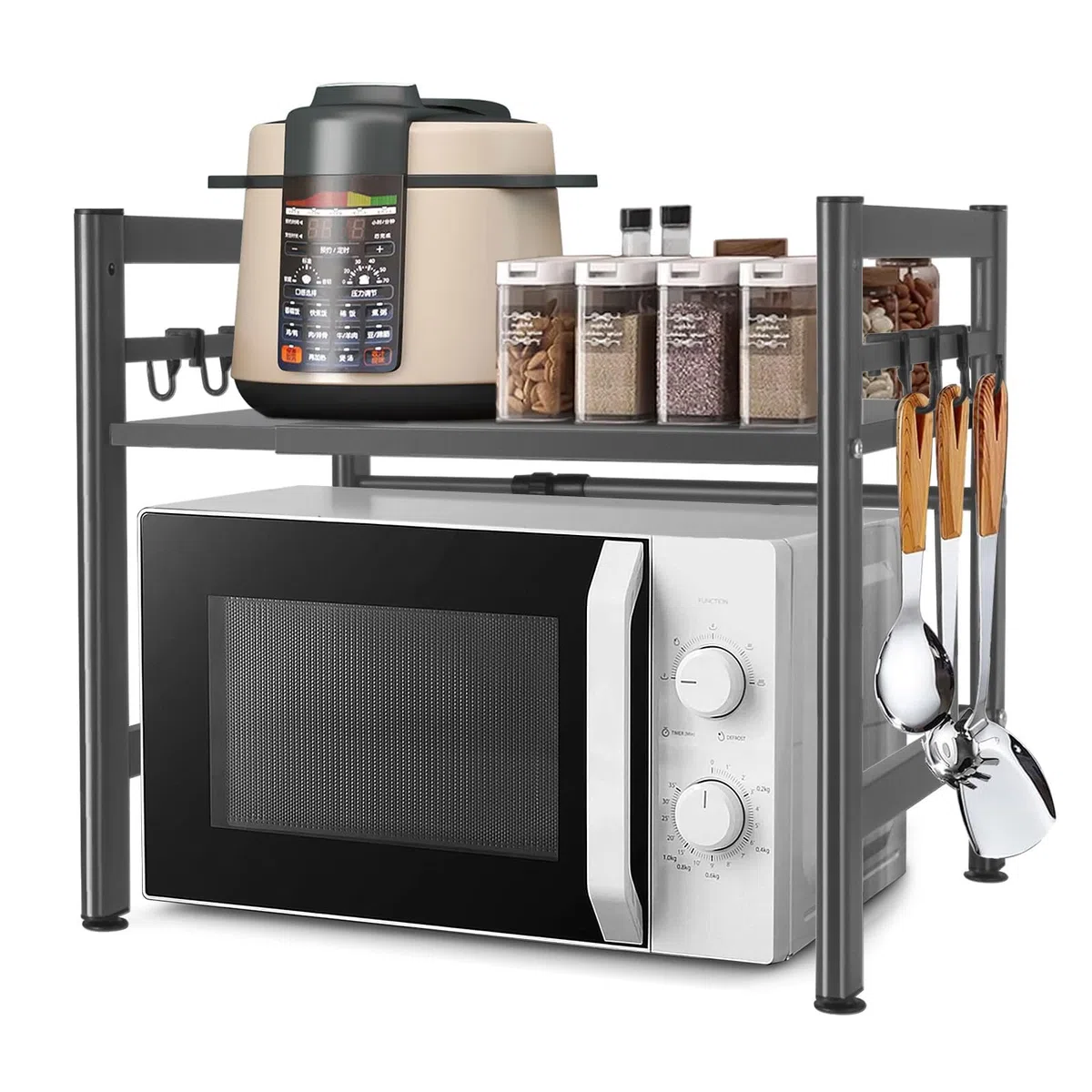 Estantería Extensible para microondas, estantería de Cocina, de pie, para microondas, de pie, Organizador de Cocina, con 6 Ganchos, para encimeras de Cocina