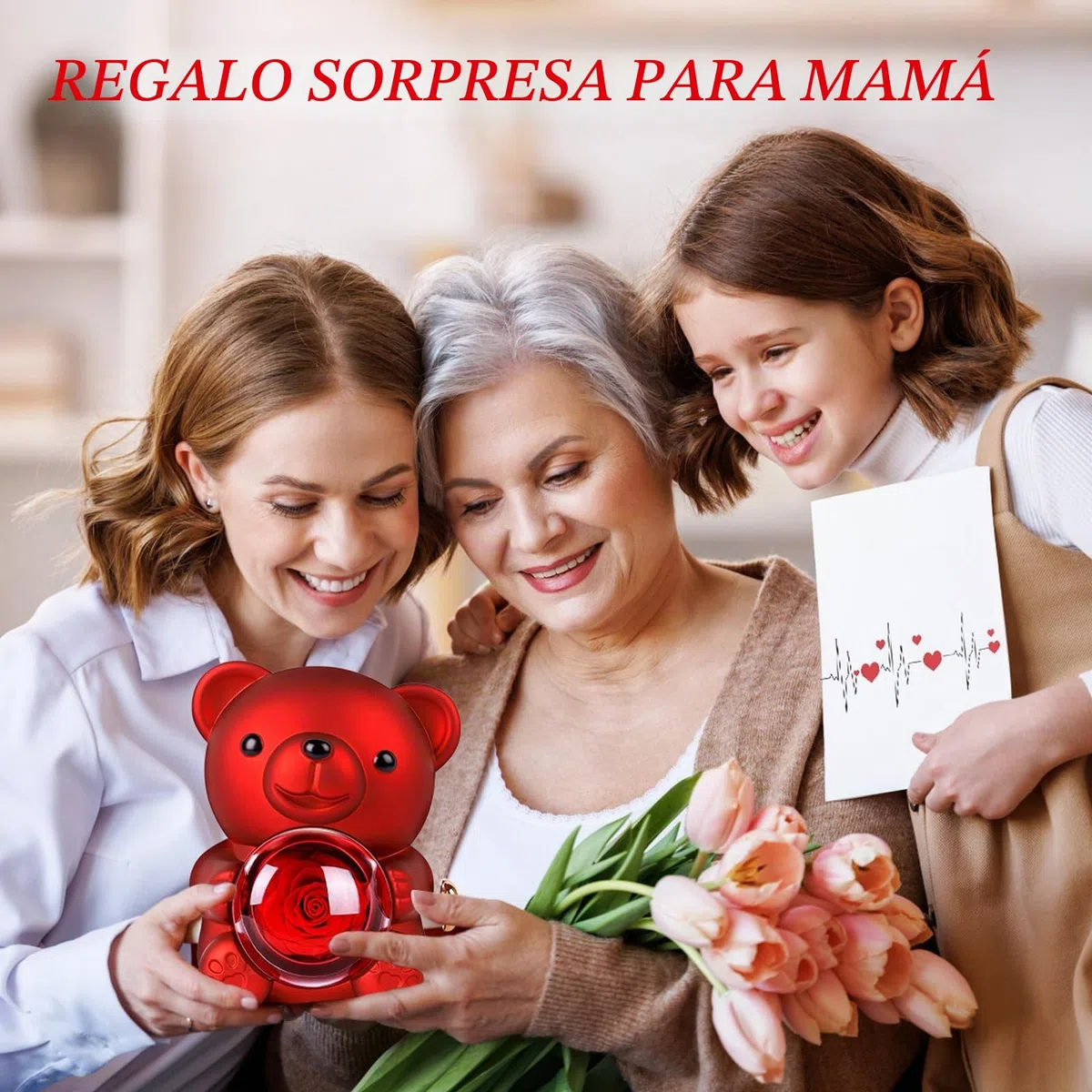 Oso con Rosa y Collar,Caja de Regalo de Oso de Rosa Eterna con Collar en Forma de Corazón,Oso de Rosa Eterna Natural Preservada Regalo para Mujer,Mama Aniversario,Día de San Valentín,Cumpleaño