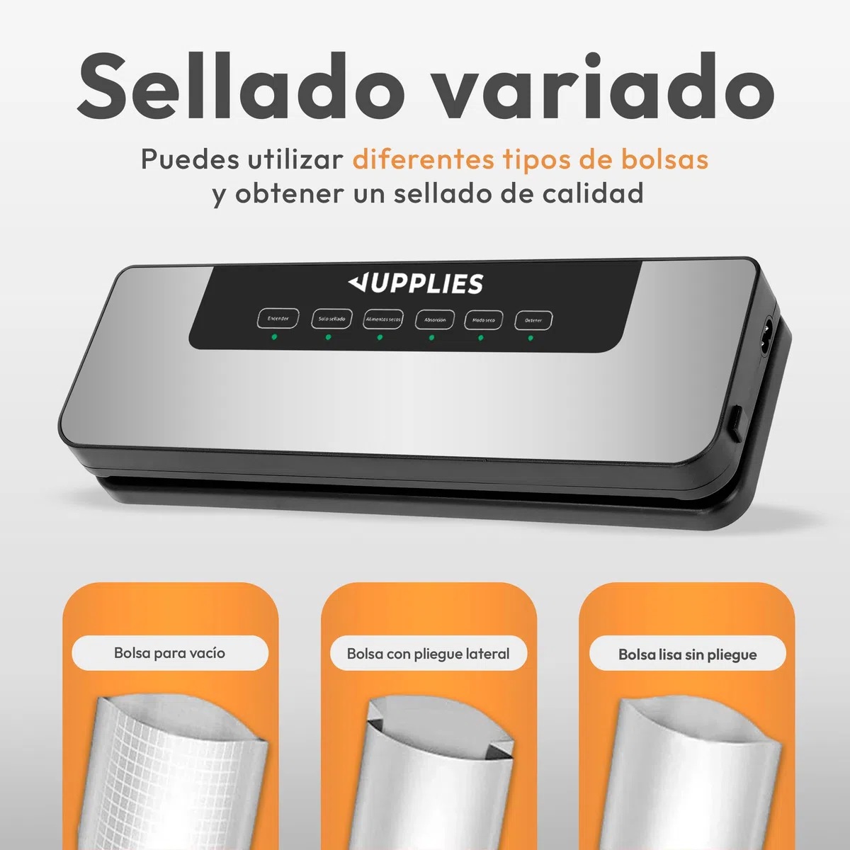JUPPLIES Envasadora al Vacio Domestica - Selladora de Alimentos Profesional con Potente Succión 80 Kpa y 5 Modos - Máquina de Conservación de Alimentos Frescos (Envasadora + 50 Bolsas)