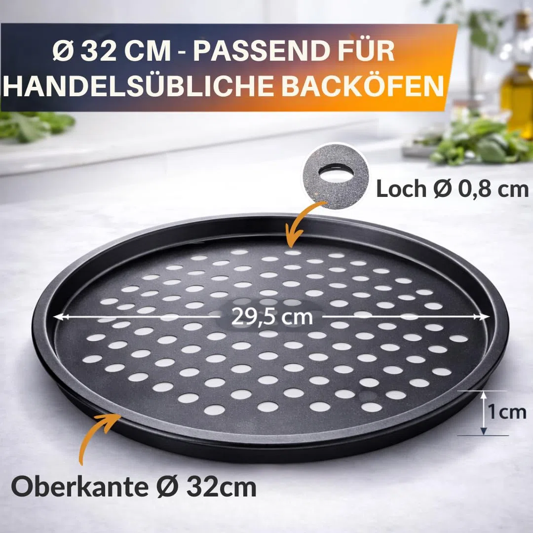 Juego de 4 bandejas para pizza de 32 cm de diámetro, bandeja para pizza y tarta de fuego de acero perforada, revestimiento antiadherente, bandeja crujiente para base extra crujiente