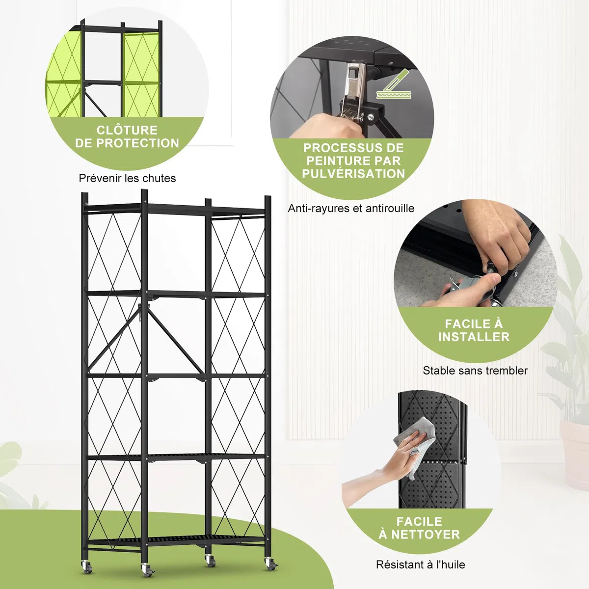 Carro de almacenamiento (5 niveles, plegable, con ruedas, 71 x 34 x 159 cm, estante de metal, estante de almacenamiento, negro para cocina, baño, sala de estar, oficina (5 niveles)