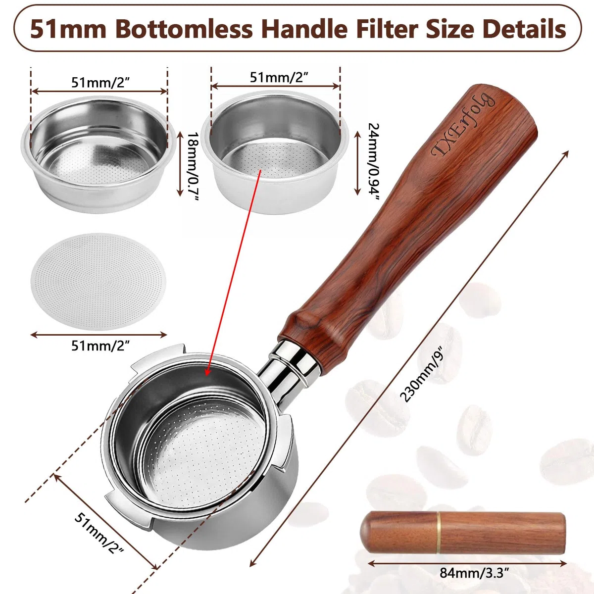 Portafiltro sin Fondo de 51 mm con 3 orejas, Compatible con DeLonghi Dedica EC680/EC685, SMEG y EUPA, Mango de madera de nogal con cesta de acero inoxidable, distribuidor de agujas