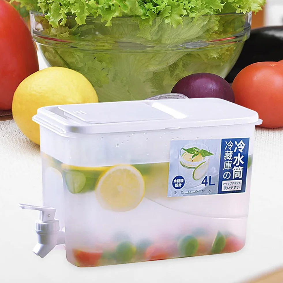 Dispensador de bebidas de 4 L con grifo, dispensador de agua para frigorífico con grifo, dispensador de bebidas de gran capacidad, plástico recargable, cubo de agua helada con tapa para bebidas frías