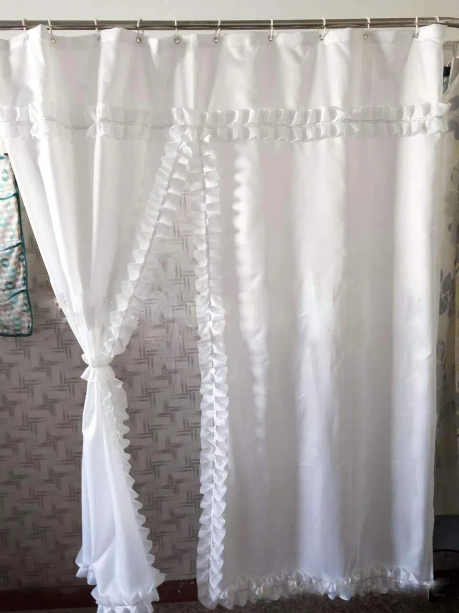 Cortina de ducha impermeable antimoho, 183 x 183 cm, encaje blanco de poliéster con 12 anillos, elegante decoración de baño, resistente al moho, fácil de limpiar
