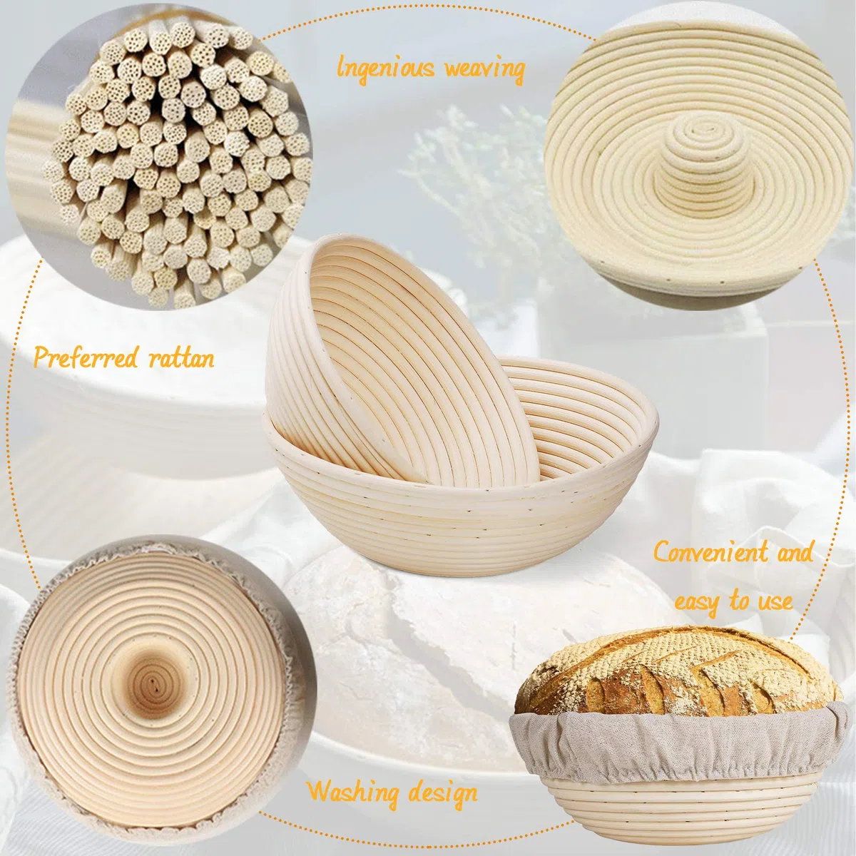 MUOIVG Cesta de Fermentación de Pan,10" Banneton Redondo 1000g, Cesta de Ratán Natural para Pan y Masa 25 x 25 x 8.5 cm con Tela de Lino, Raspador de Masa,Cuchillo de Panadero y Cepillo