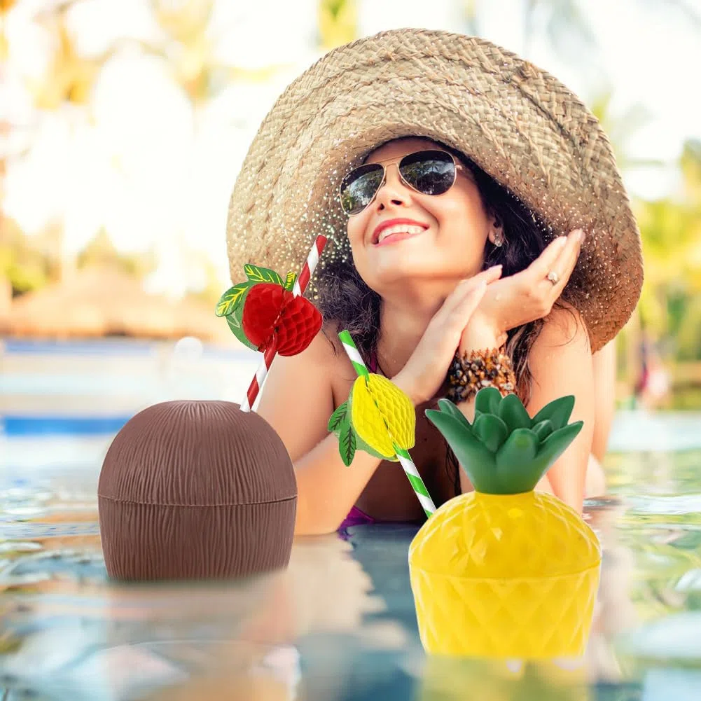 Vasos hawaianos Luau de coco y piña para bebidas hawaianas Luau tropicales, vasos reutilizables de plástico en forma de coco y piña para playa, verano, fiesta tropical hawaiana