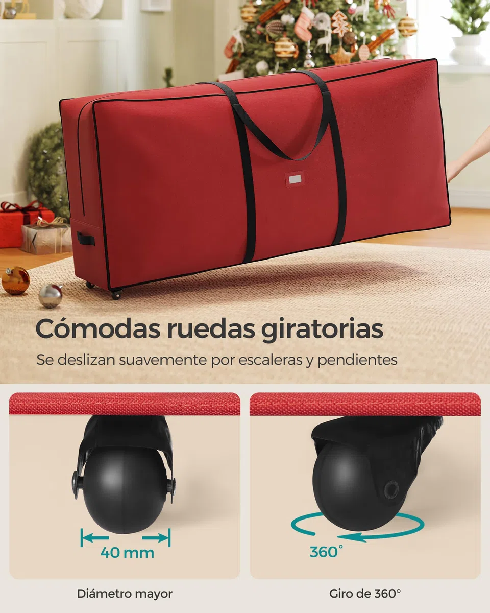 SONGMICS Bolsa de Almacenamiento para Árbol de Navidad con Ruedas de 40 mm, Bolsa Rodante, hasta 274 cm, para Árbol de Navidad Desmontado, Asas Ajustables, Tejido Oxford 600D, Rojo Cereza RXS004R01
