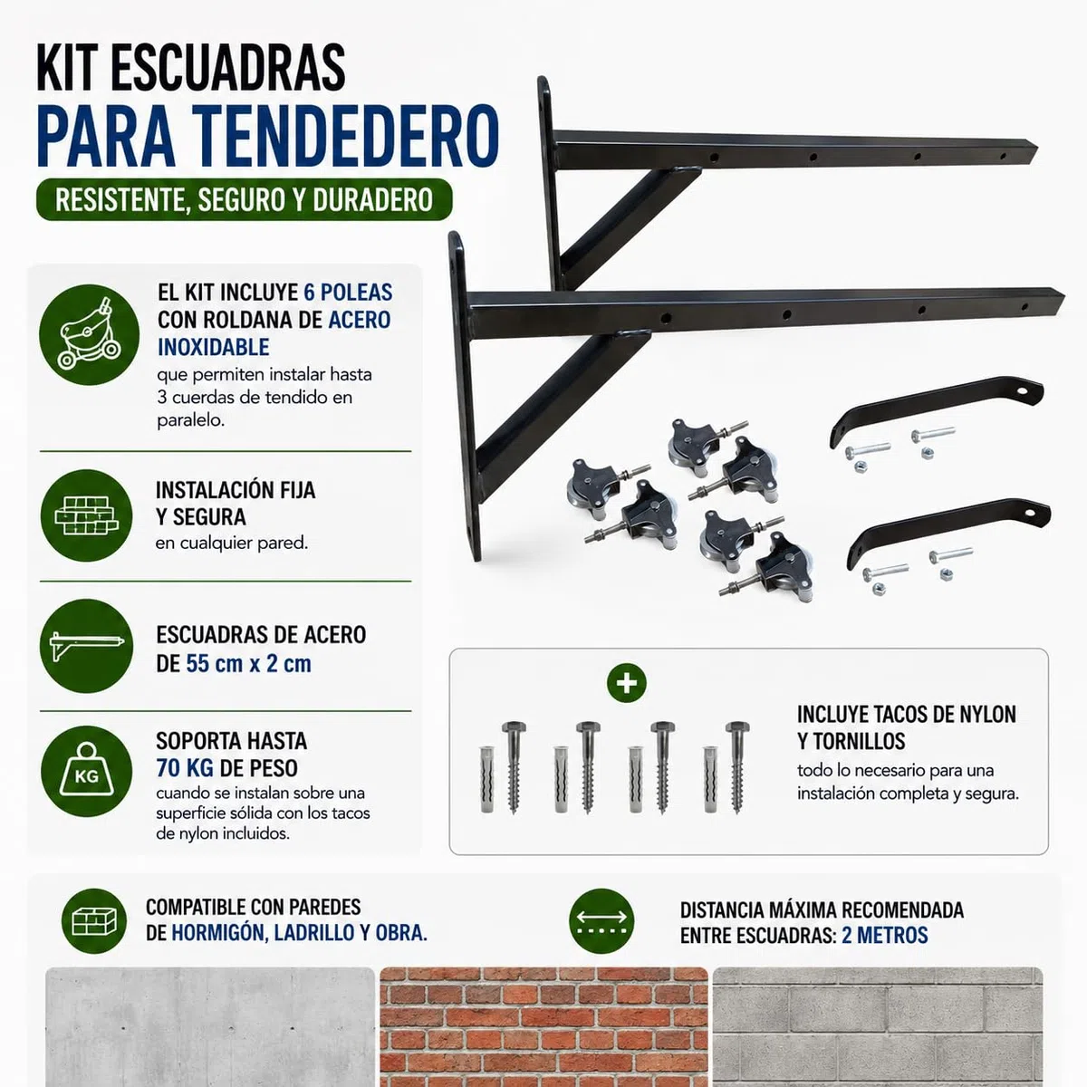 Tendedero con escuadra 550 x 20 mm + 6 Poleas INOX 40 mm | Negro | Interior y Exterior