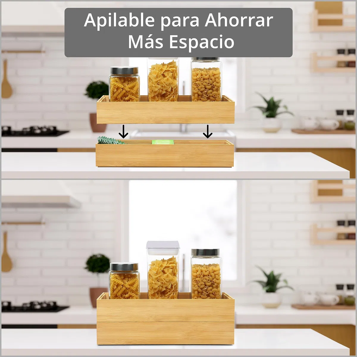 Winter Shore Organizador Cajones Cocina de Bambú [Pack de 2] - Bandeja Cubiertos Cajon de Madera Natural Apilables para Despensa - Guarda Cubiertos e Utensilios y Cubiertos - 15,5 x 6,5 x 38,5 cm