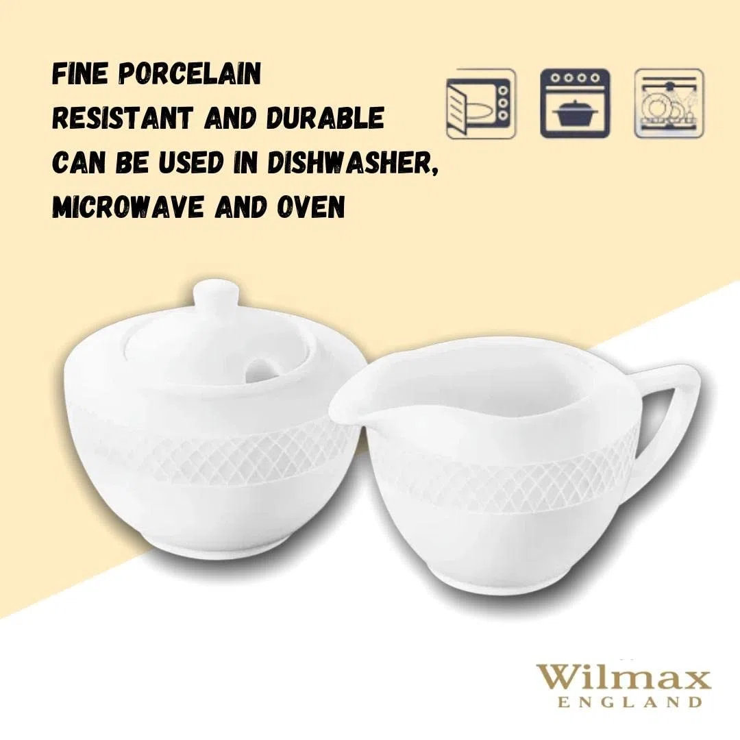 Wilmax | Azucarero + Juego de jarra de leche | 2 piezas | Recipiente para leche y azúcar de porcelana | Blanco | Dispensador de azúcar con tapa | Apto para lavavajillas | Servicio de café para leche,