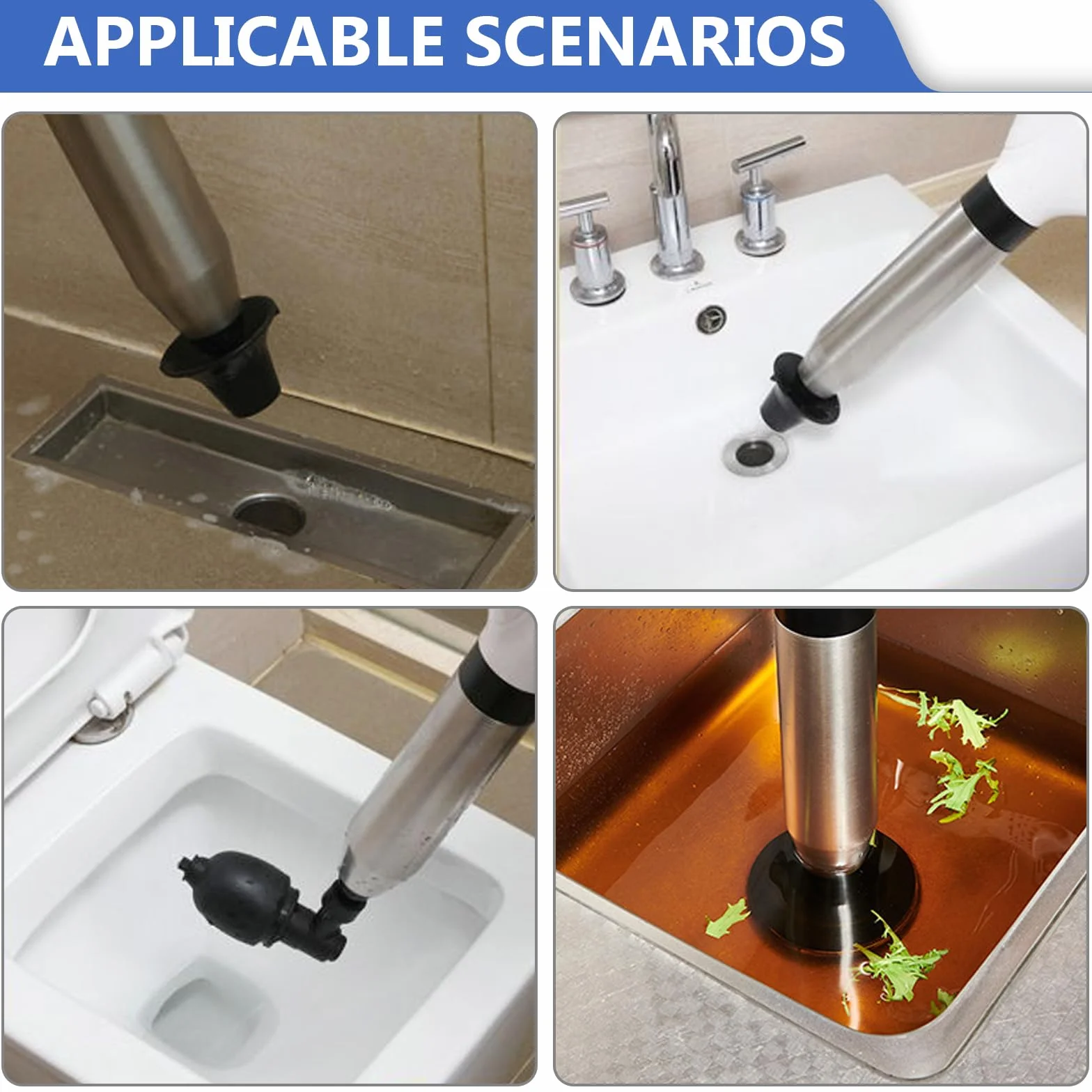Bomba desatascadora, limpiador de tuberías de aire comprimido para inodoros con 4 cabezales intercambiables, bomba de limpieza de tuberías para inodoros, lavabos