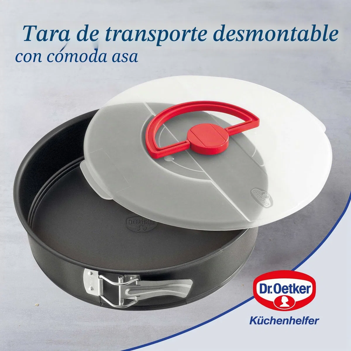 Dr. Oetker Bake&Go Molde Hornear Redondo Desmontable con Tapa para Transportarr y Almacenar, 26 cm Diámetro, Acero con Revestimiento Antiadherente, Color negro, 1 ud.