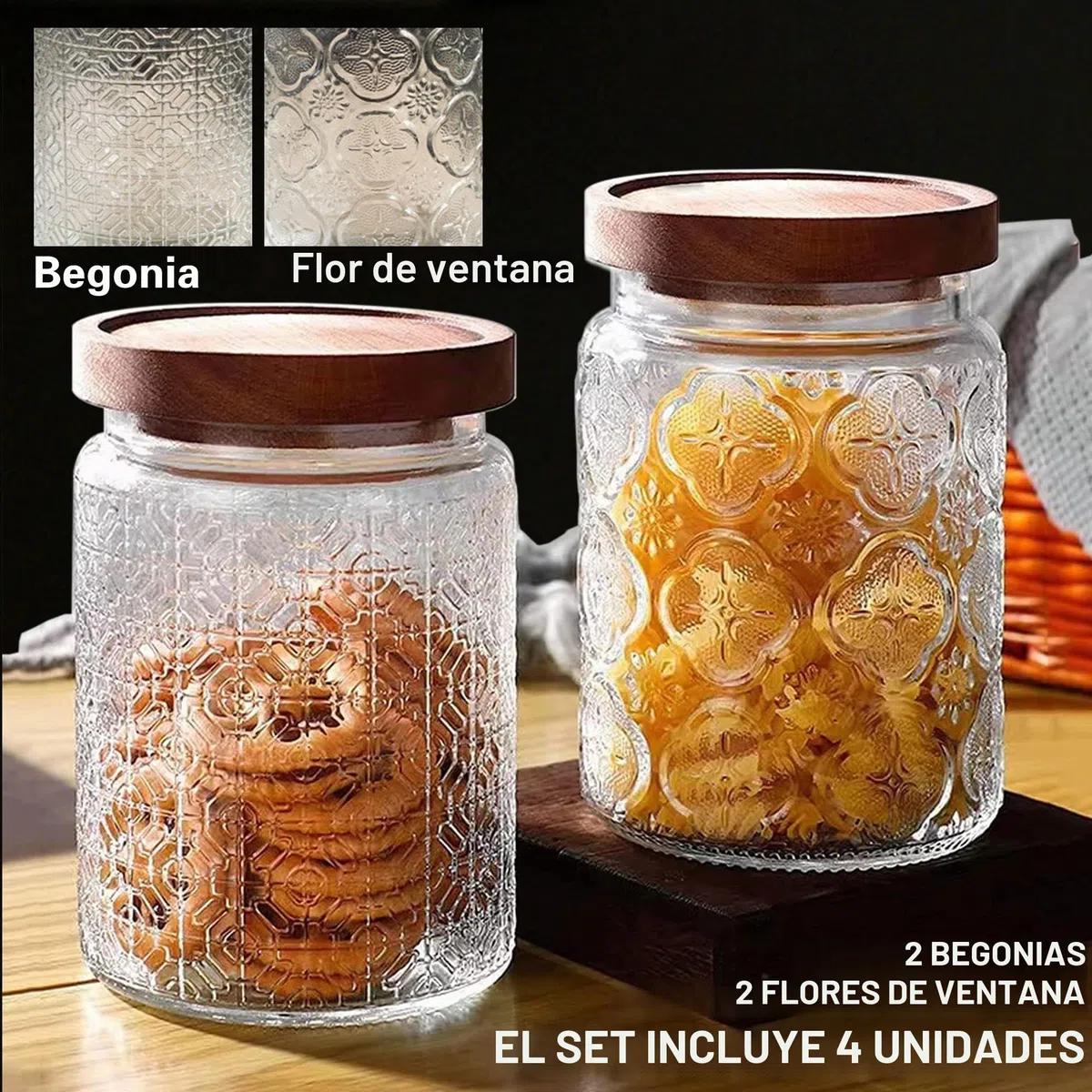 BigKing Juego de 4 tarros de vidrio vintage, recipiente transparente para alimentos, tarros de vidrio para almacenamiento de café, té, azúcar, especias, harina, frijoles, frutos secos, galletas (450