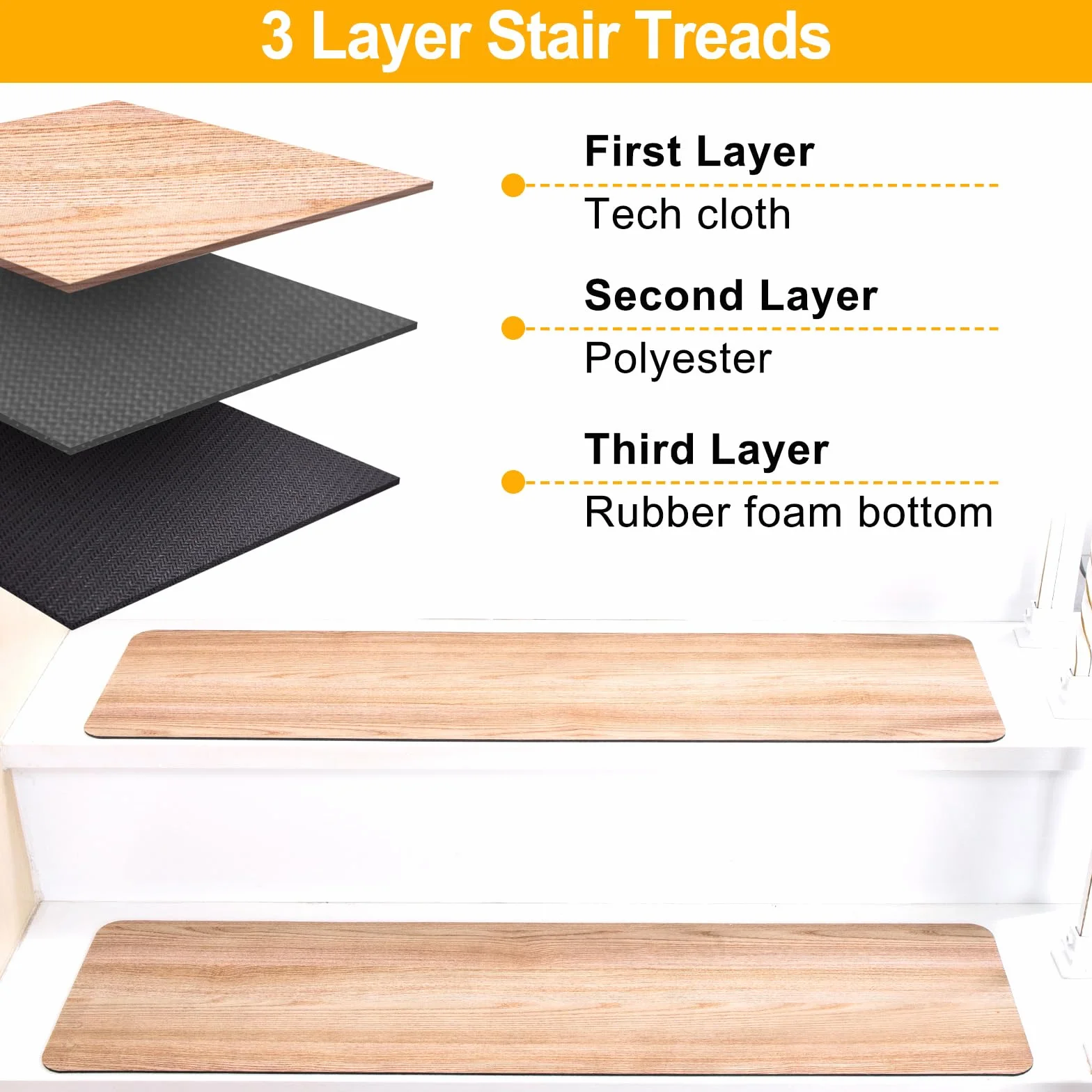 Goma antideslizante para alfombras, cinta antideslizante para escalones, tiras de moqueta color madera marrón, 76 x 20 cm, 15 unidades (incluye cinta adhesiva de doble cara)