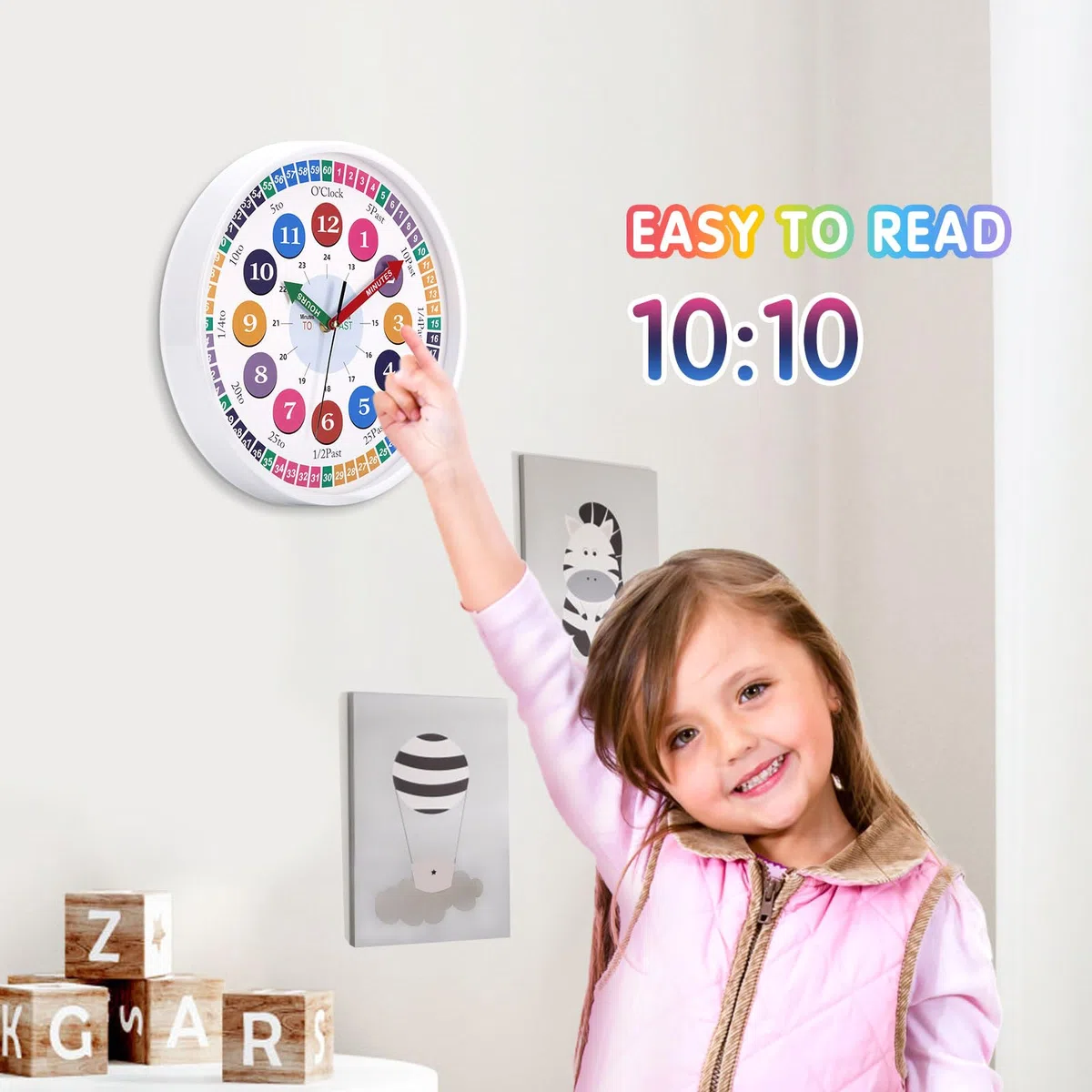 Reloj de Pared para Niños Reloj de Aprendizaje Reloj Infantil para Niños y Niñas Mecanismo Silencioso 30 CM para Habitación de los Niños