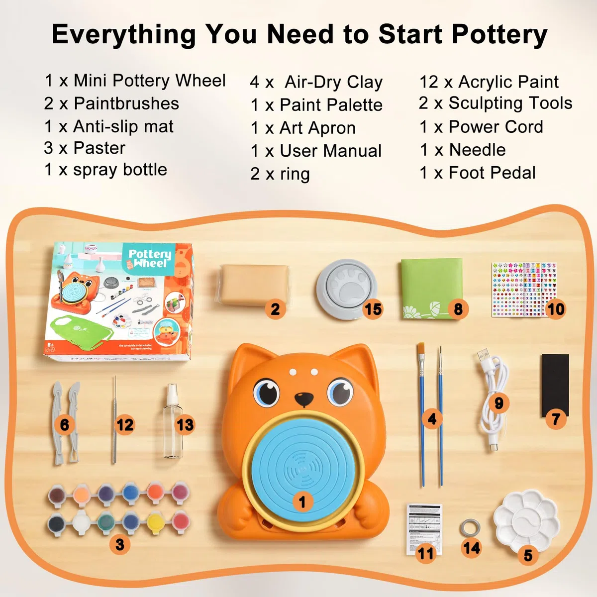 Set De Cerámica para Niños,Set de Cerámica para El Hogar,Mini Torno de Alfarero Eléctrico con Arcilla,Colores,Set de Manualidades Creativas en Cerámicas para Niños a Partir de 6 Años - Naranja