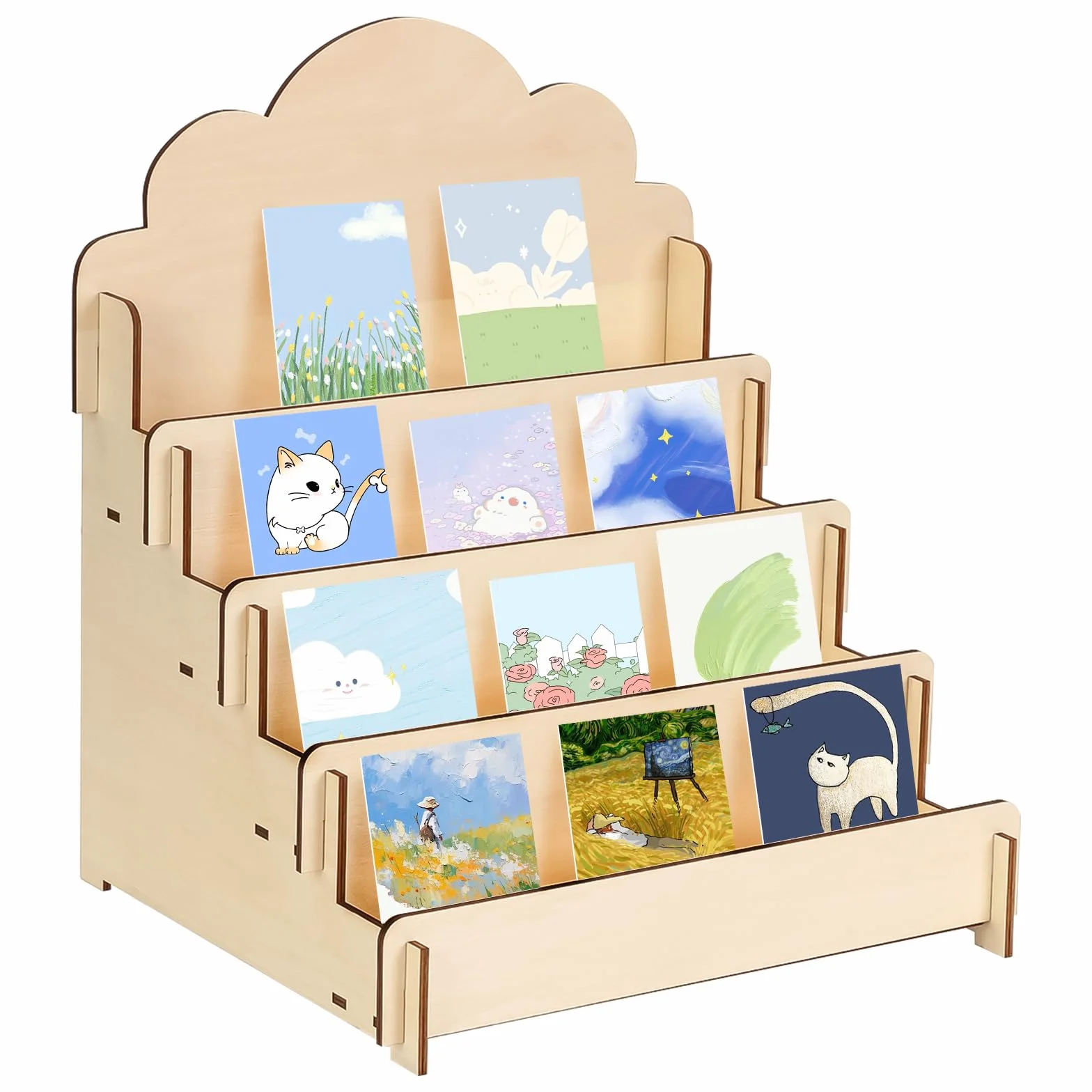 mumisuto Soporte de Exhibición de Tarjetas,Soporte de Exhibición de Pegatinas de Madera de 4 Niveles,Elevadores de Exhibición de Calcomanías de Madera para tarjetas, calcomanías, fotos, proveedor