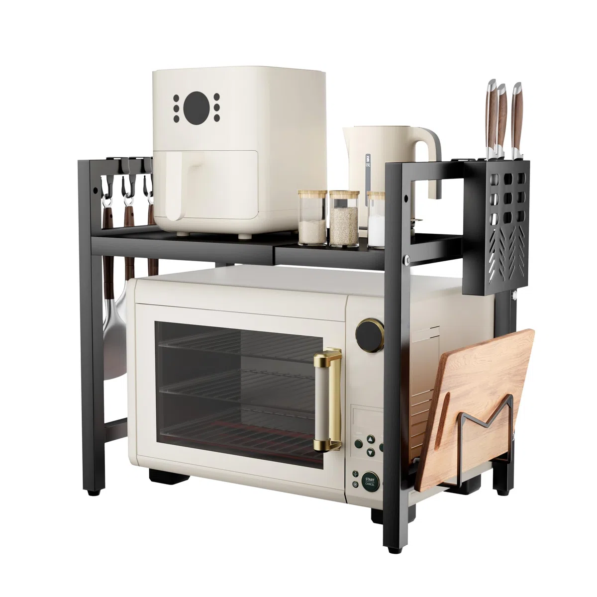 Soporte Extensible Microondas 2 Niveles - Mueble Estantería Cocina | Estante de encimera, organizador de almacenaje: 6 ganchos, portacuchillos y tabla de cortar. Acero al carbono, negro