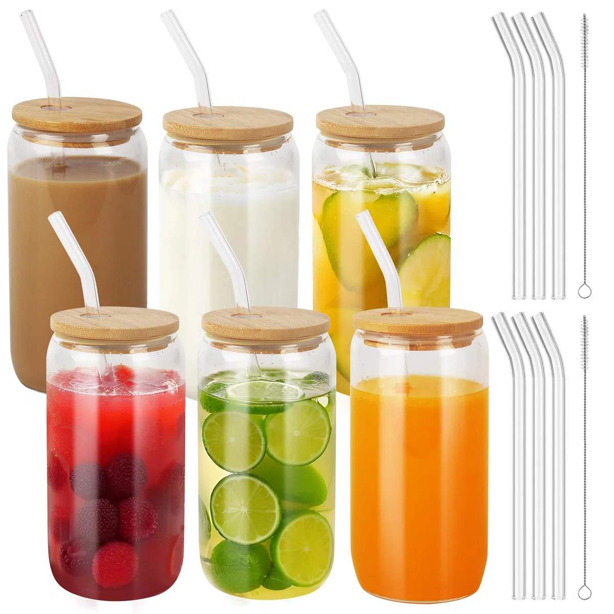 6 Piezas 500 ml Taza de Té Burbuja con Tapa y Pajita, Vasos para Beber con Tapas de Bambú y Popotes,Adecuado para Café Congelado, Cerveza, Cócteles