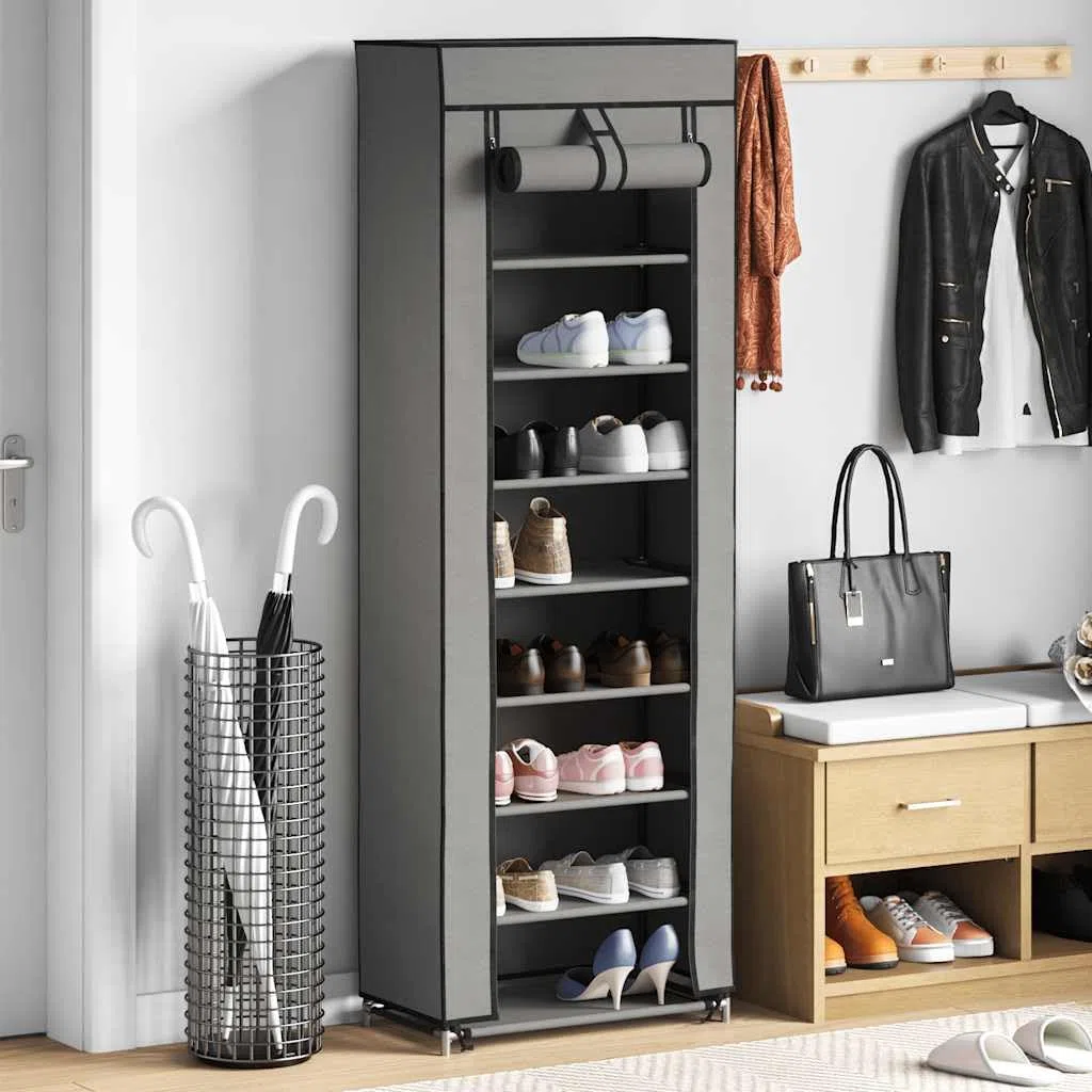 Zapatero con cubierta gris 57 x 29 x 162 cm de tela, 8 niveles para hasta 20 pares de zapatos, almacenamiento de zapatos con funda de tela no tejida