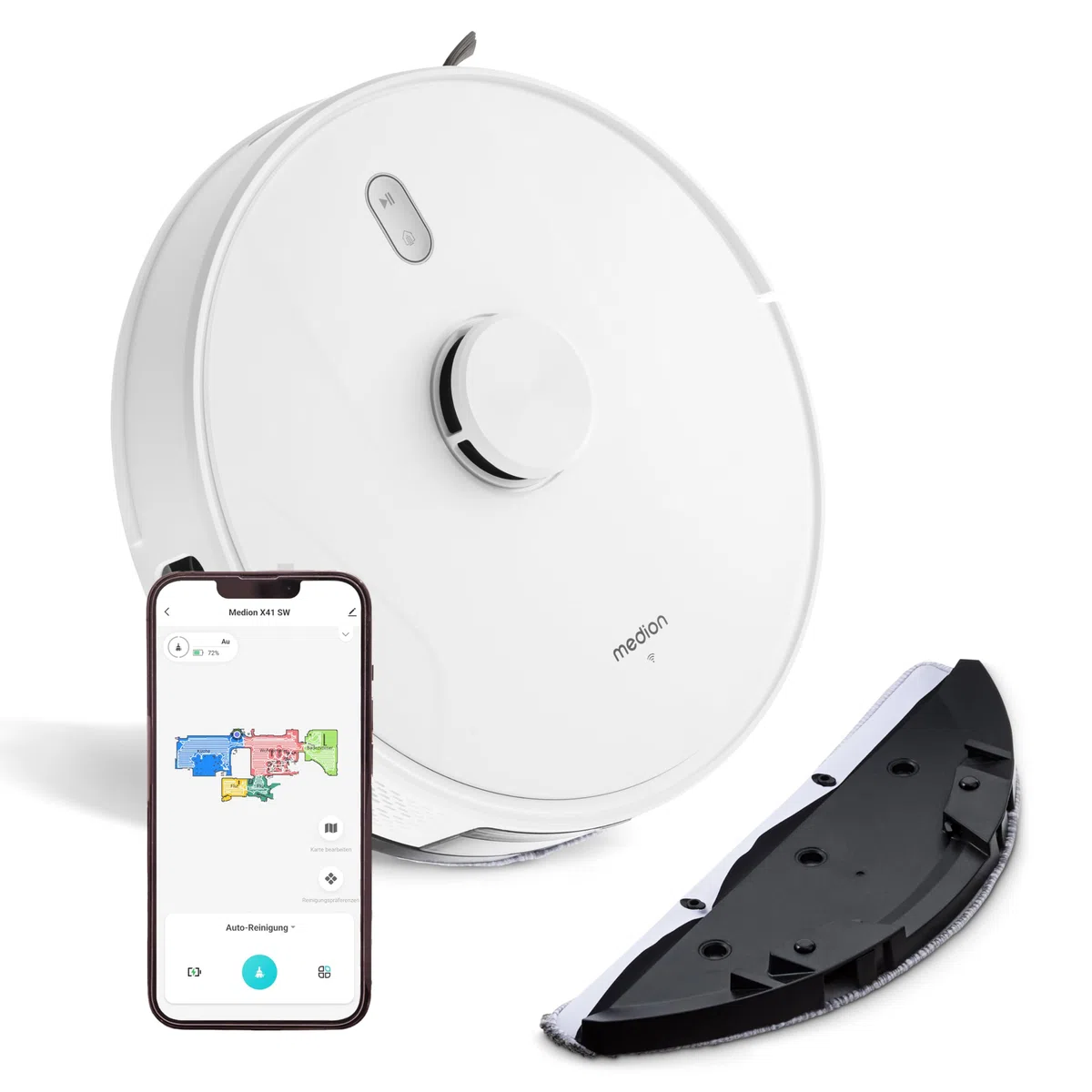 MEDION Robot Aspirador con navegación láser y función de Limpieza X41 SW (Potente Potencia de aspiración de 8000Pa, Robot Aspirador 2en1, mapeo preciso, Zonas Go & No Go, múltiples Suelos)