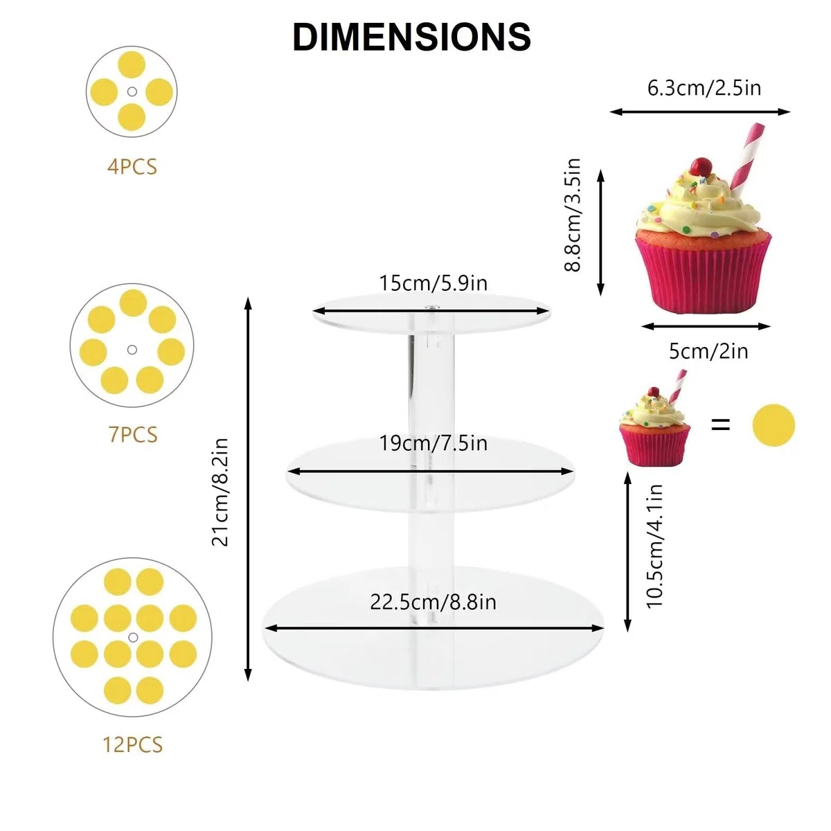 3 Pisos Soporte Cupcakes, Cupcake Stand Acrilico para Tarta, Muffins, Boda, Cumpleaños y Fiesta, Transparente Soporte para Tartas, Diámetro Redonda 10'' / 8'' / 6'', 4 mm Espesor Acrílico