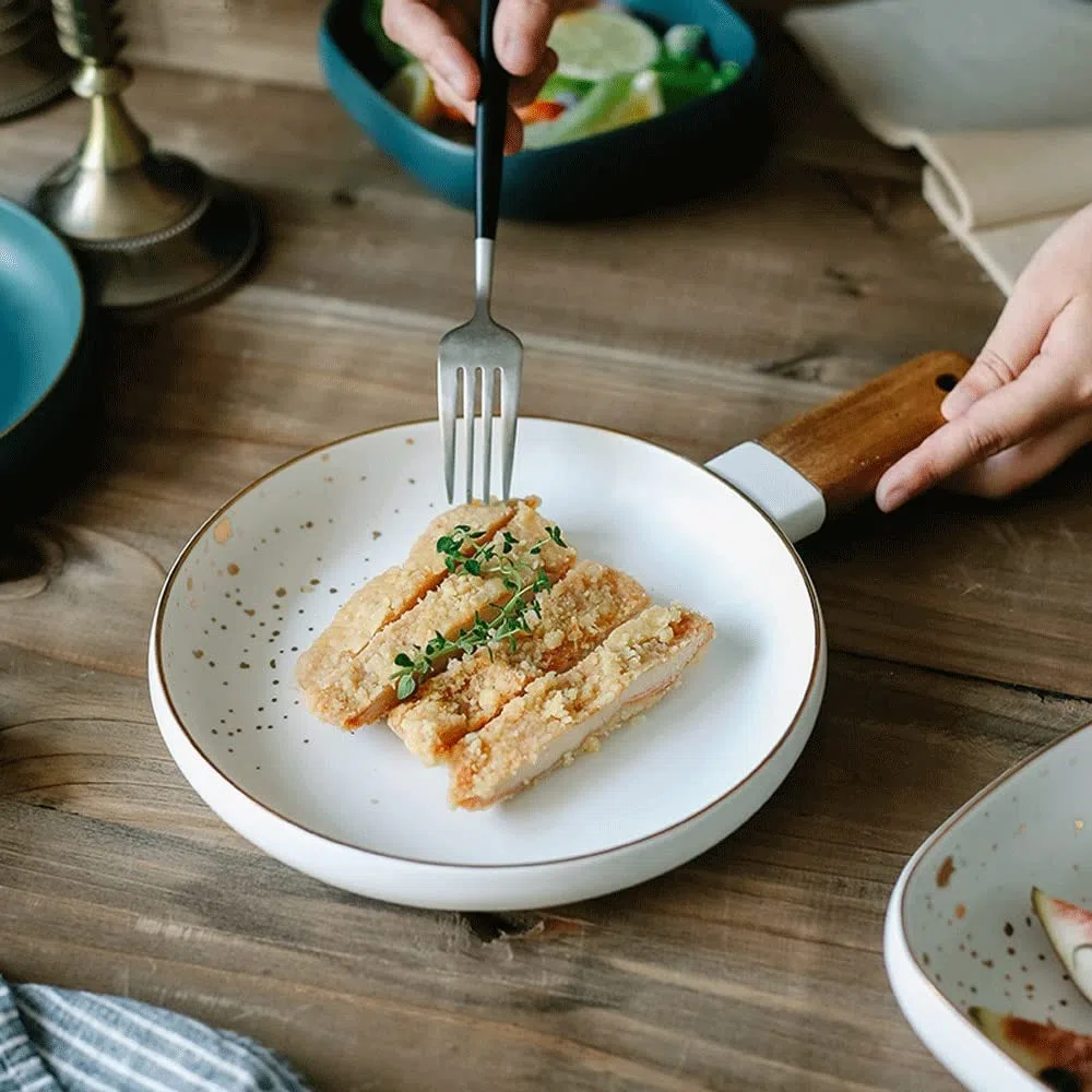 Ensaladeras Creativo cerámico mango de madera tazón nórdico pintado ensalada cuenco casero postre vajilla de fideos japonés cuenco Cuencos para Cocina (Color : A)