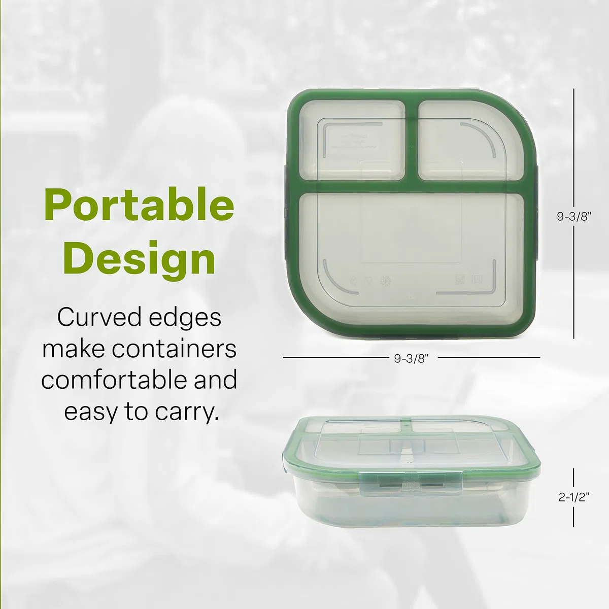 MyGo Container Grandes contenedores para alimentos de 3 compartimentos, paquete de 3, 9-3/8" x 9-3/8" x 2-1/2", reutilizables, apto para microondas, certificado NSF, humo/verde