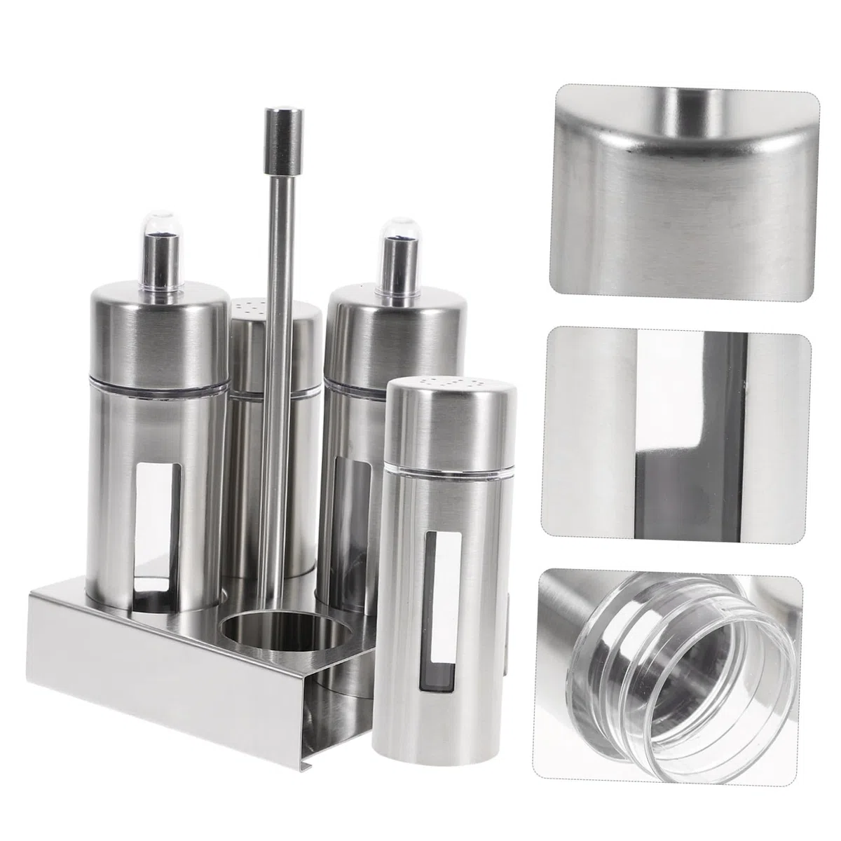 Cabilock Juego de 4 Botellas de Condimentos de Acero Inoxidable Diseño Extraíble y Transparente, Fácil de Verter, Adecuado para Cocina y Hogar en Color Plata
