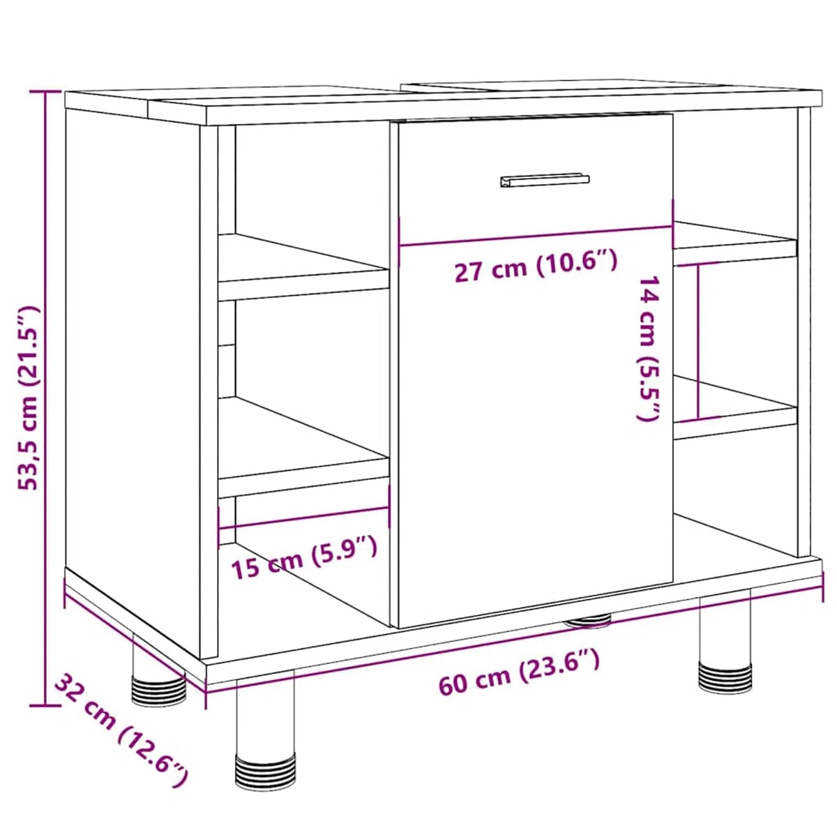 ATOMSTACK MAKER Mueble de baño Artisan, roble 60 x 32 x 53,5 cm, con 7 compartimentos y puerta, resistente a la humedad, armario de madera para un almacenamiento ordenado del baño, incluye soporte de