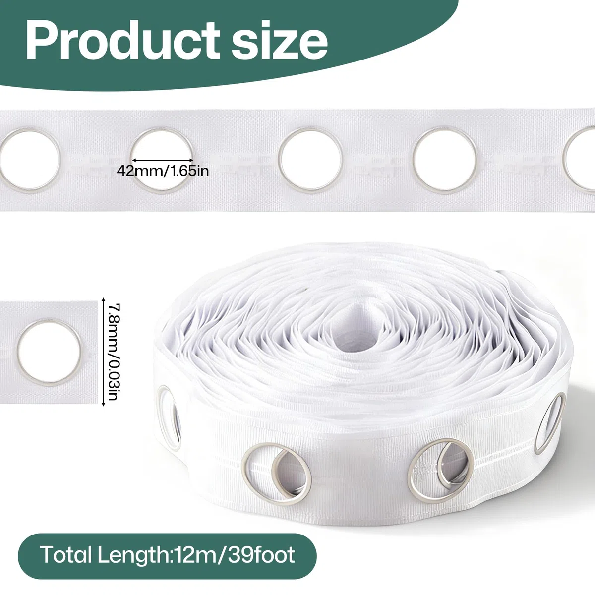 Cinta de cabecera de cortina blanca de 12 m con 96 anillos de ojales (42 mm de diámetro interior) para decoración de cortinas perforadas del hogar