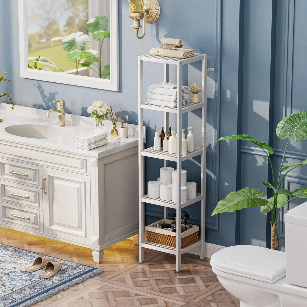 SMIBUY Estante de Almacenamiento para el baño, Organizador de estantes de bambú de 5 Niveles, Unidad de estantería Multifuncional para la Sala de Estar, el Dormitorio y la Cocina (Blanco)
