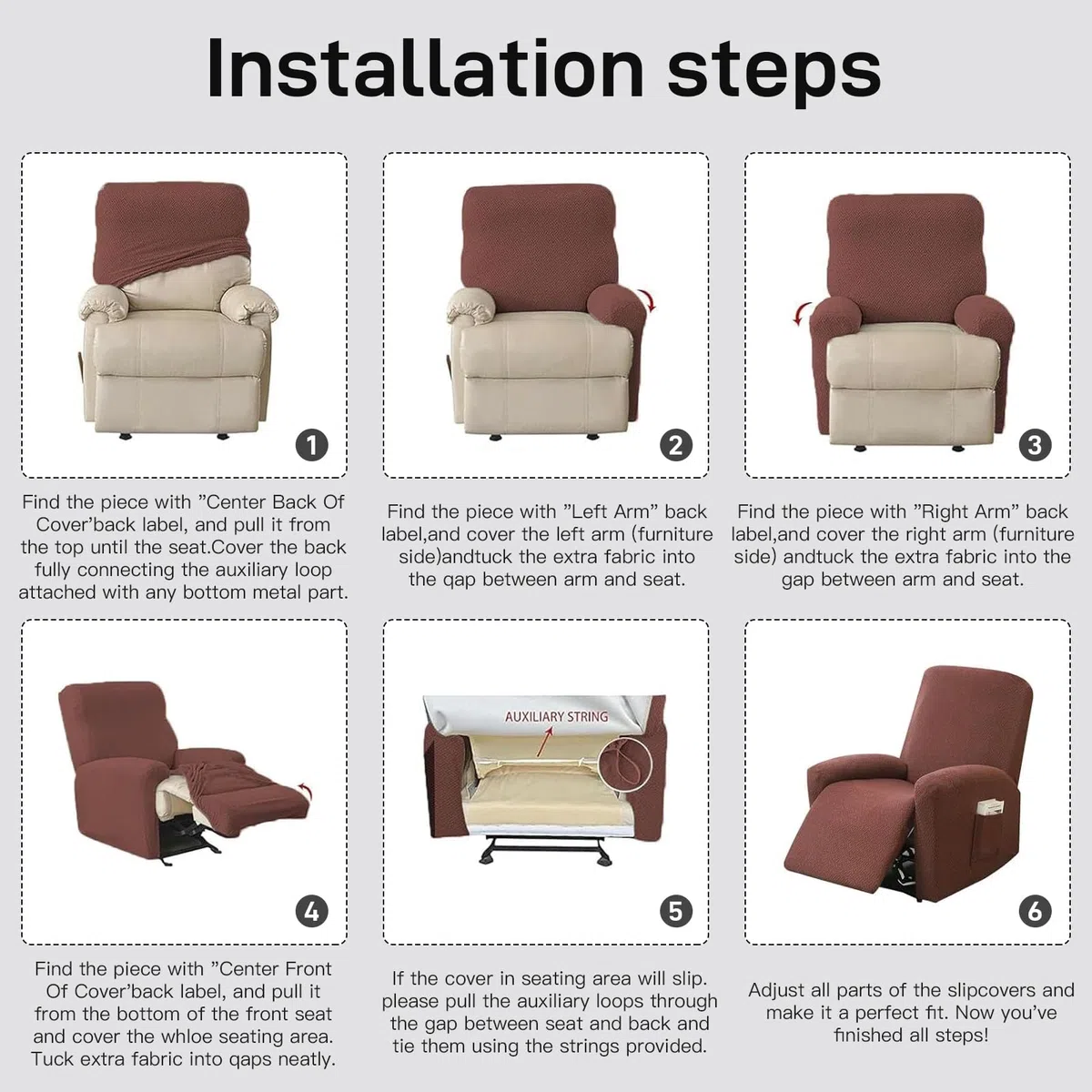 MeYuxg Funda Sillon Relax Reclinable, 4 Piezas Funda Butaca 1 Plaza Elástica Antideslizante, con Protectores para Reposabrazos y Bolsillos Laterales (Café Profundo)