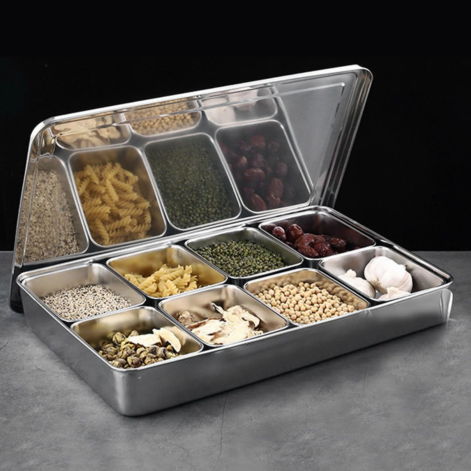 Caja de Condimentos de Acero Inoxidable con 8 Compartimentos, Recipientes Multiusos para Almacenamiento de Condimentos con Rejilla Interior Desmontable y Cuchara, para Especias