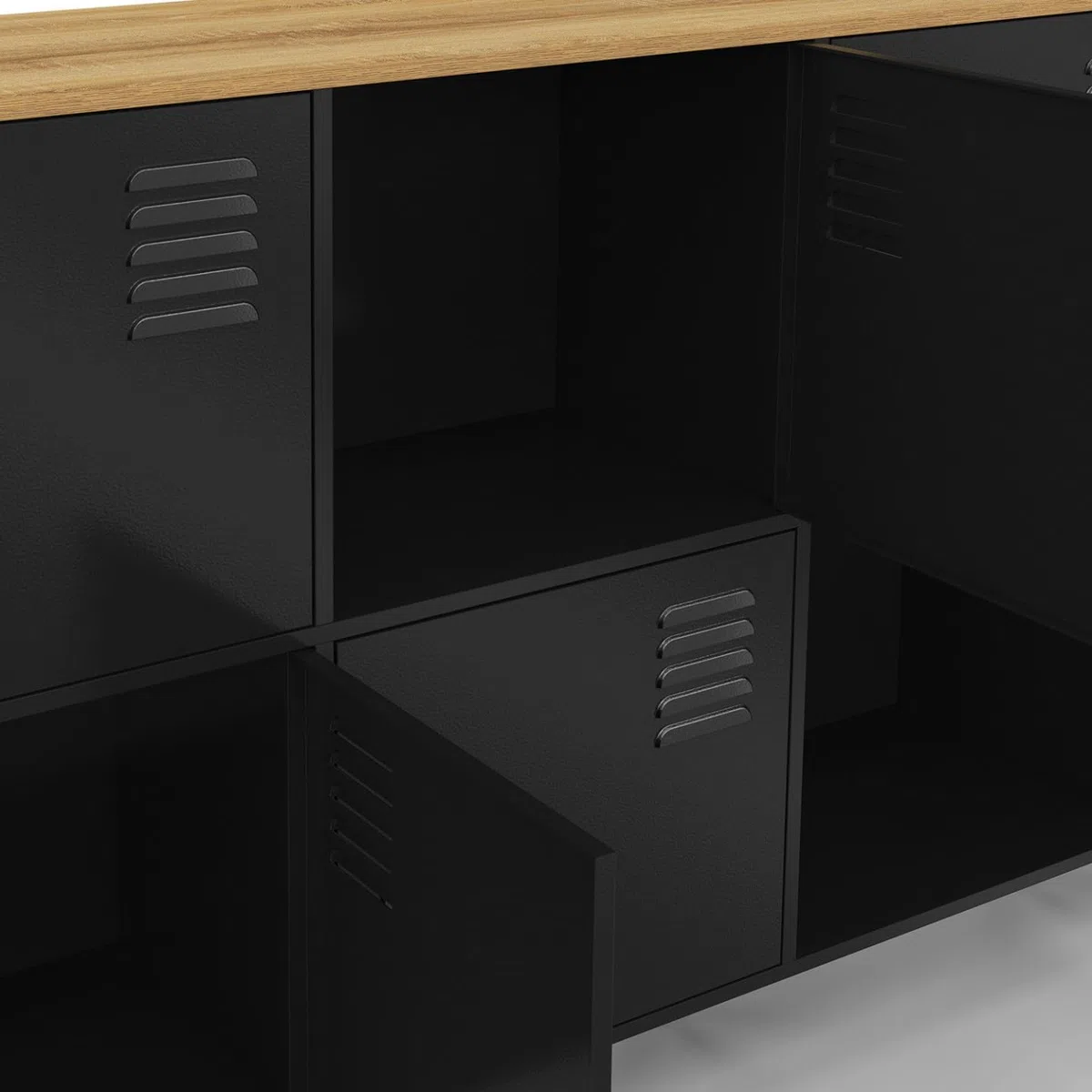 IDMarket – Aparador de armario 180 cm Ester 10 puertas de metal negro bandeja madera diseño industrial
