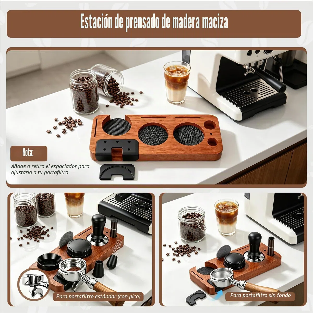 Set de Accesorios para Espresso de 8 Piezas, para Máquinas Espresso | Prensador 51mm con Estación de Prensado, Nivelador, Herramienta WDT, Anillo Dosificador, Cepillo, Filtro Puck Screen, Varilla