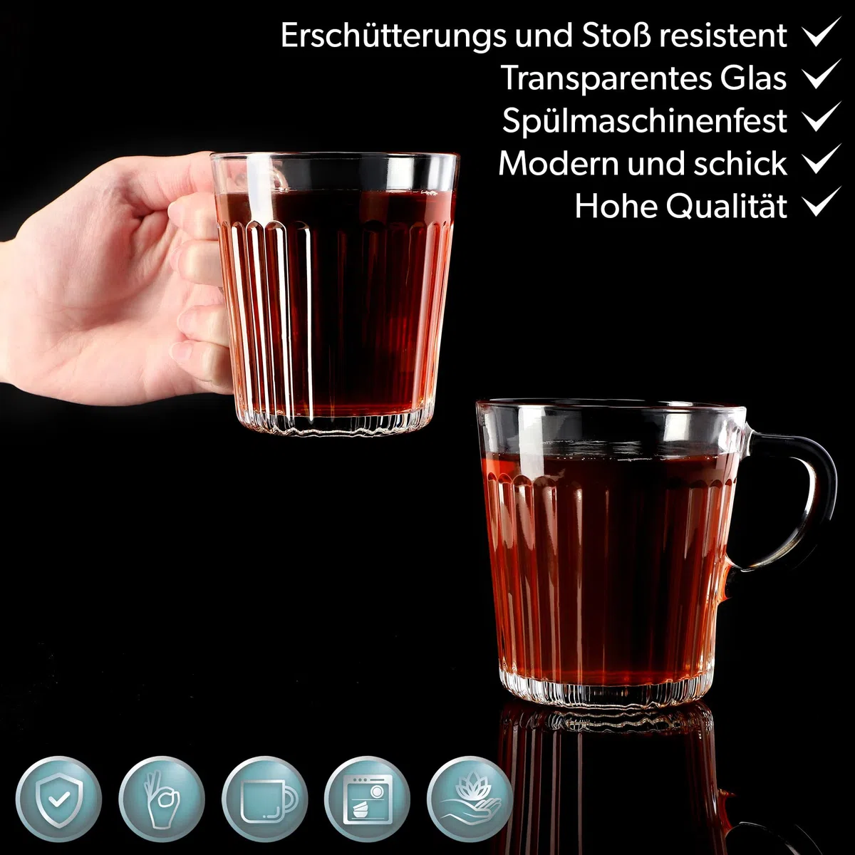 KADAX Tazas de Cristal 250ml, Vasos de Vidrio Transparente con Asa para Café, Té, Capuchino y Bebidas Calientes, Aptos para Lavavajillas (Juego de 6)