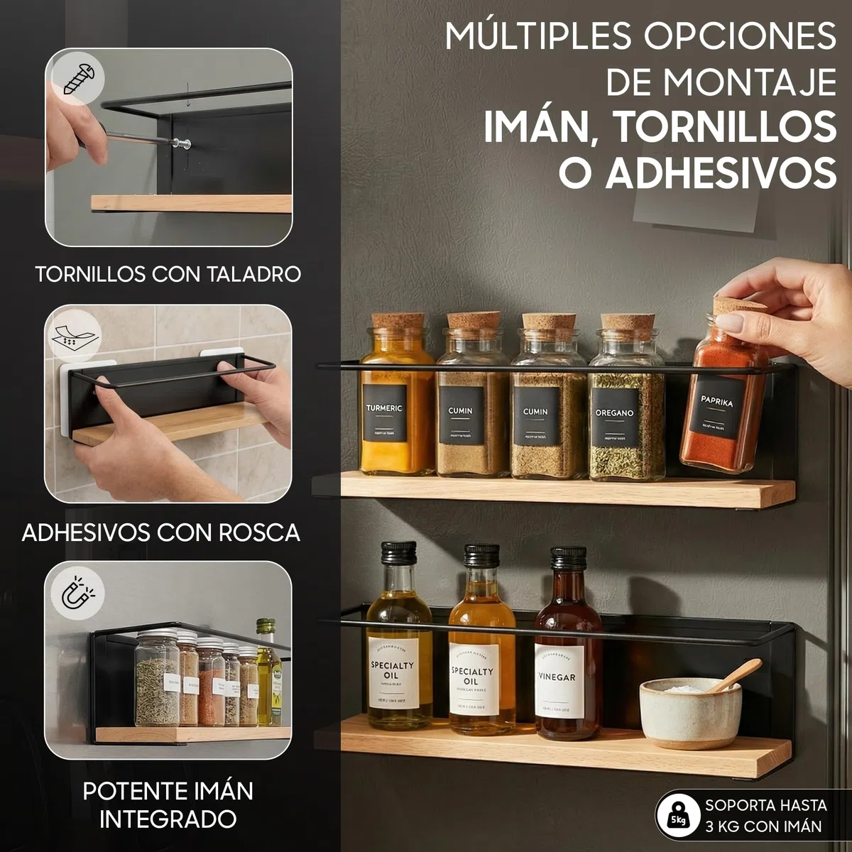 Especieros para Cocina Magnéticos – Pack de 2 | Estante de Pared de Acero y Madera para Baño, Cocina o Salón. Organizador de Especias + QR de Regalo | 3 Opciones: Adhesivo, Imán o Tornillos