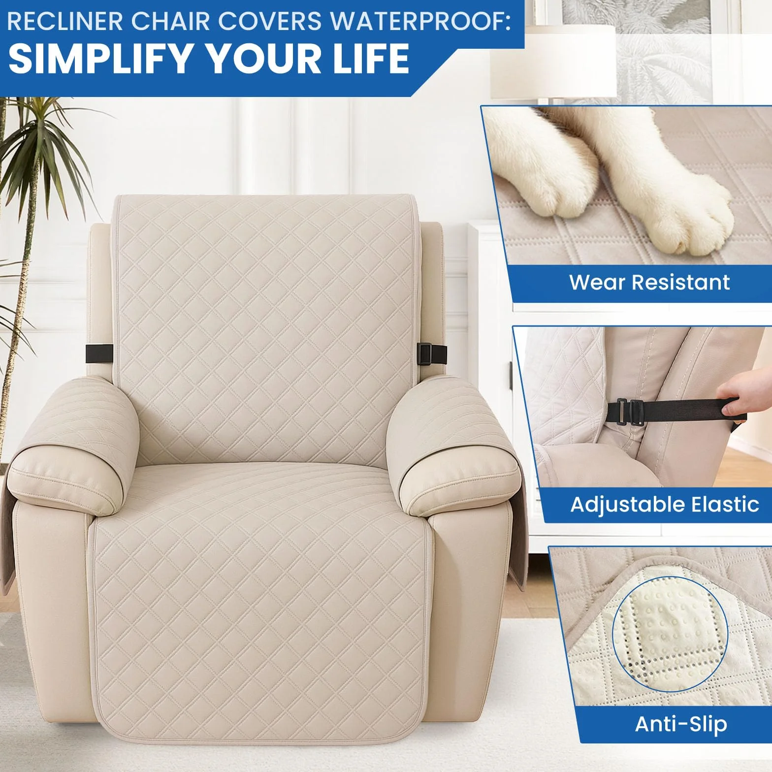 YSTELLAA Funda Sillon Relax Reclinable 1 Plaza, Impermeable Funda Sillon, Fundas para Sillones con Bolsillo Laterales, Mascotas, Antiarañazos(1 Asiento, Beige)